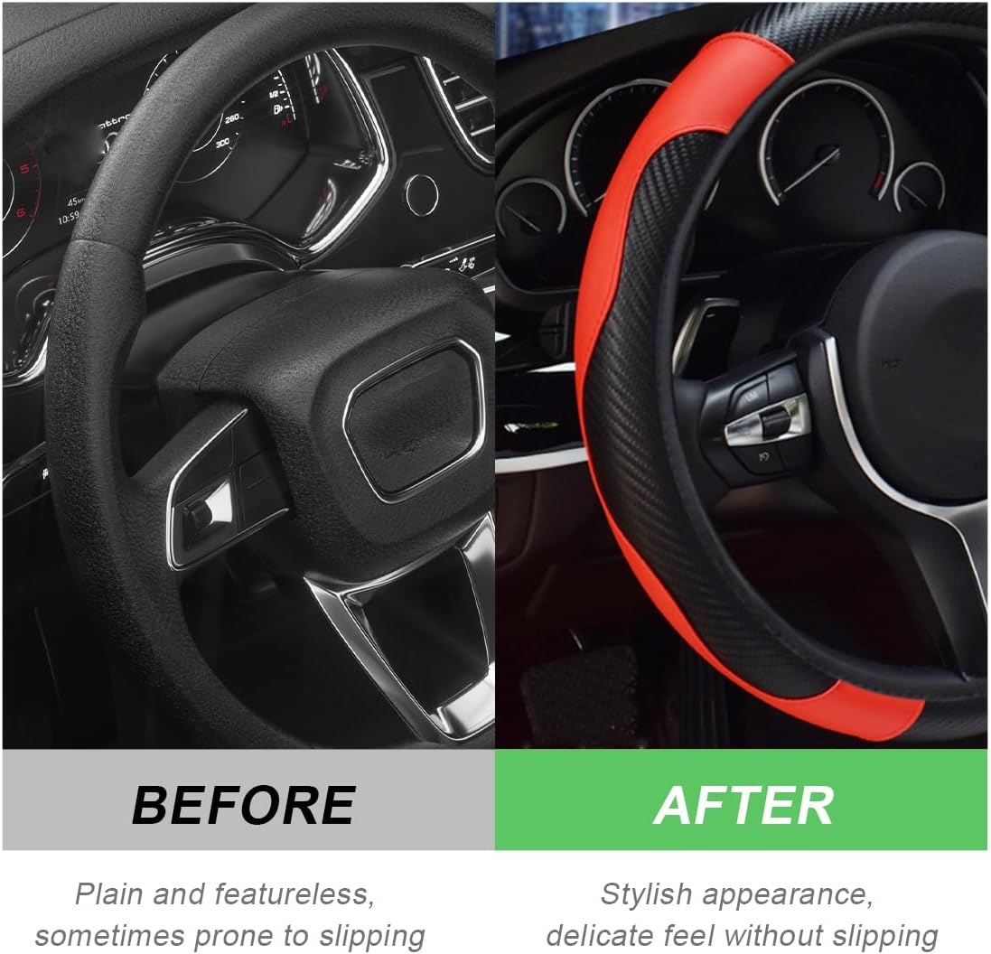 DXNQ Car Steering Wheel Cover, 15 Inch Carbon Fiber Leather Stitching Color Steering Wheel Protector, Anti-Slip Elastic Breathable Steering Wheel Cover Stylish Decor for Most Cars (Black&Red) - Beige, Ad image number 2