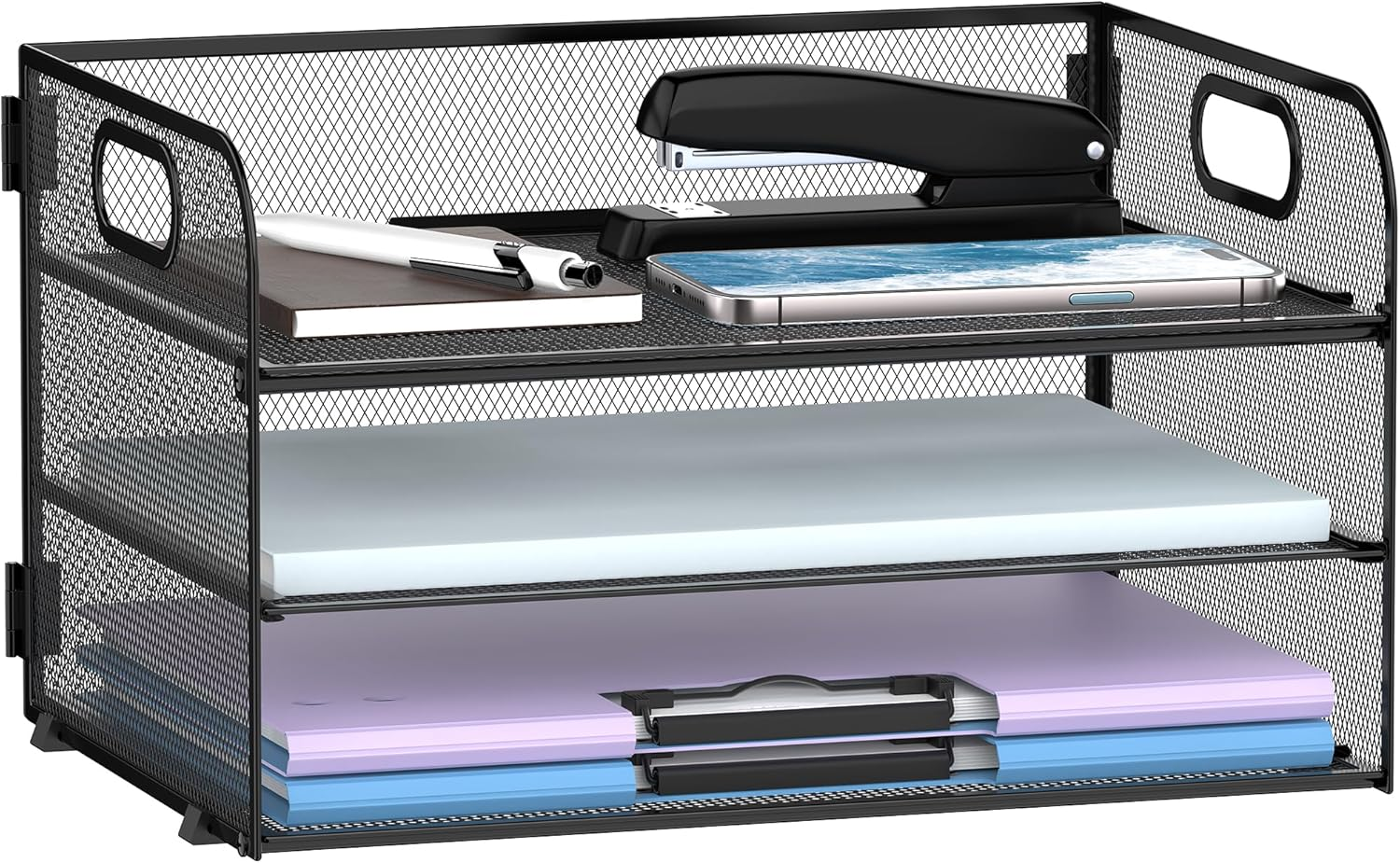 SUPEASY 6 Tier Paper Organizer with 4 Pen Holders, Mesh Letter Tray with Handle, Paper Tray Organizer for A4 Files, White