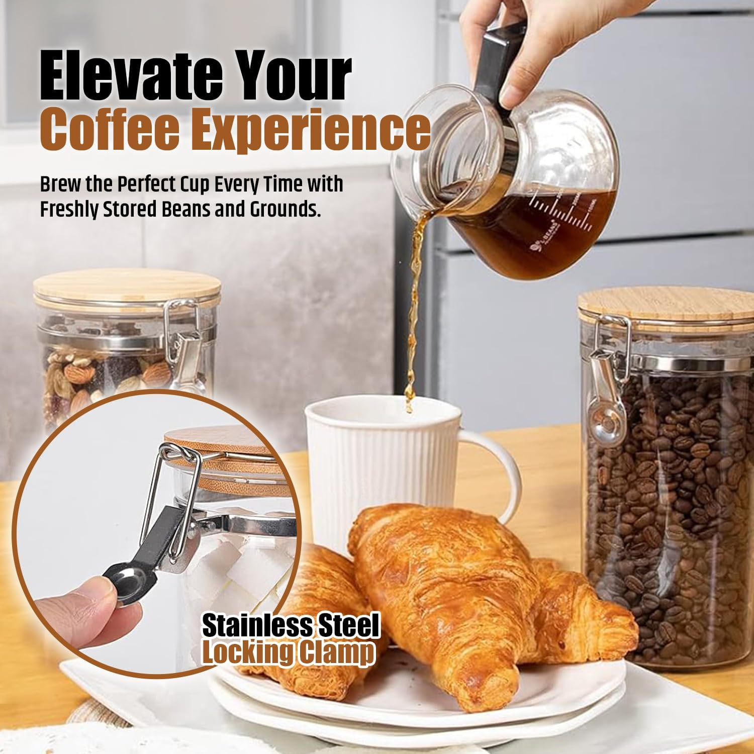 Generic Modern Elegant Coffee Canister Set - 2 X 1.5Kg Capacity, 33Cm L X 15Cm H - Glass & Bamboo, Airtight, Wire Clamp Closure - Perfect for Coffee & Dry Goods Storage image number 5