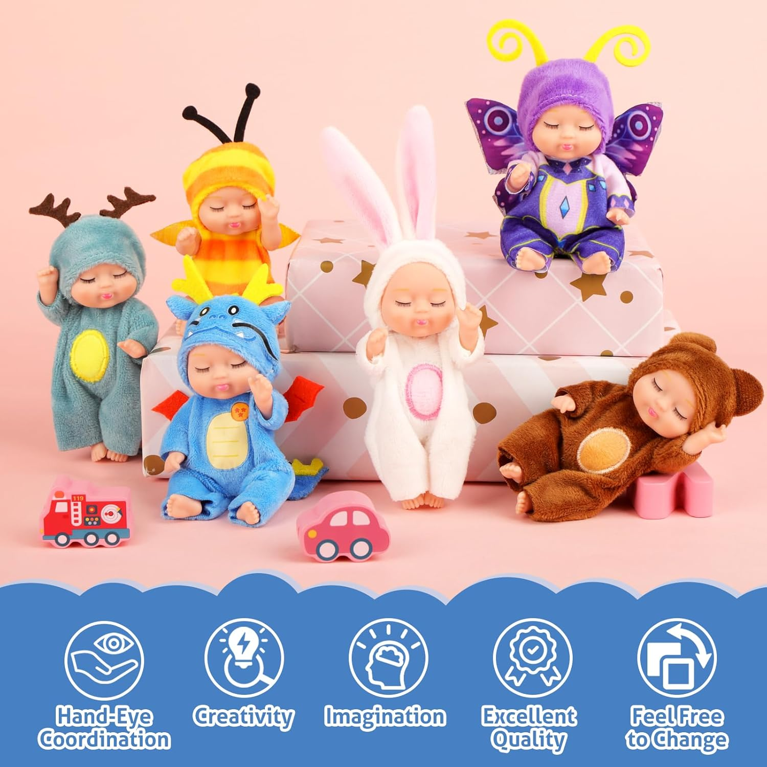 6PCS 4.7Inch Mini Reborn Baby Dolls with Cute Animal Clothes for Kids 3+ Tiny Silicone Sleeping Baby Doll Toy Action Figures Set for Girls Boys Birthday Christmas