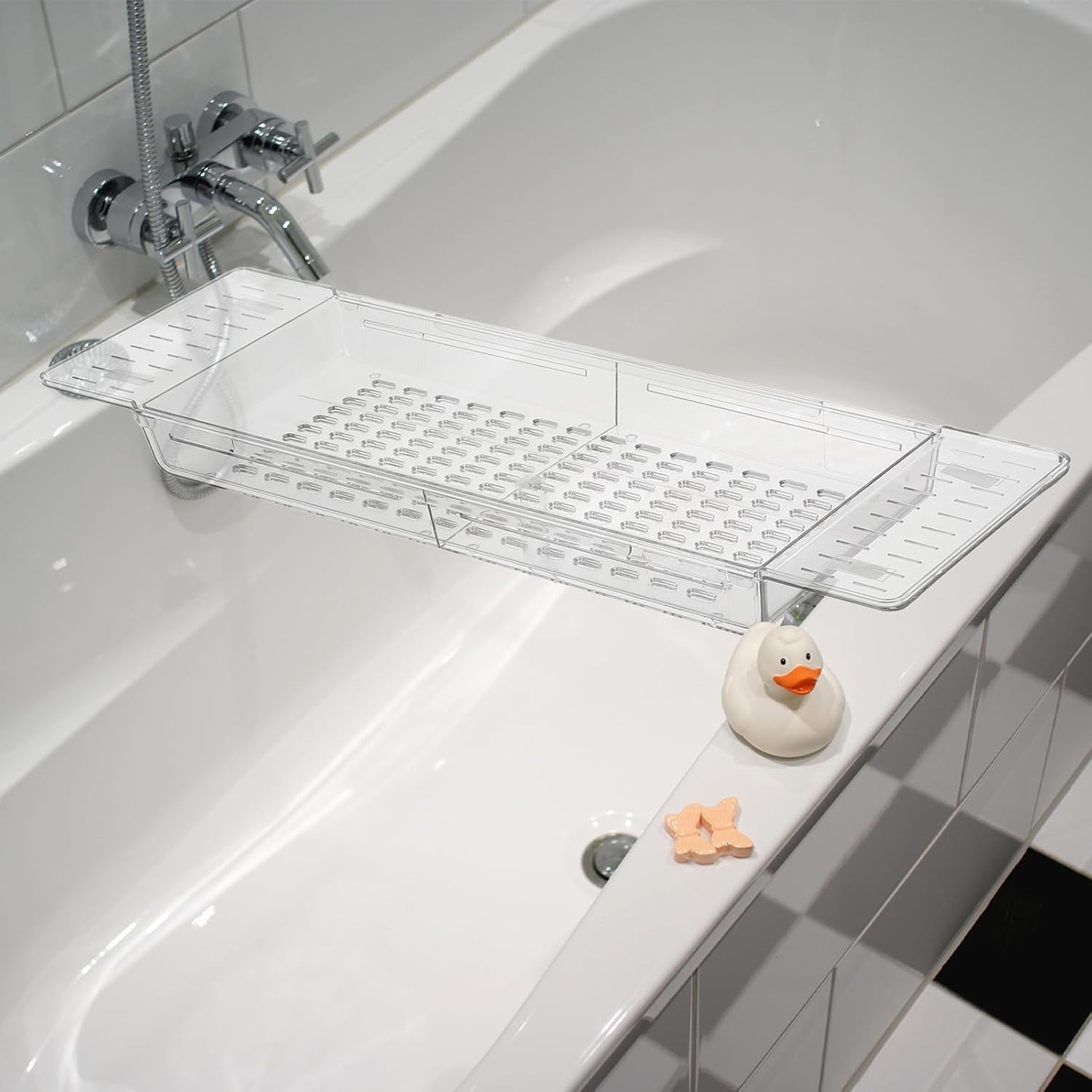 Cabilock Foldable Bathtub Tray: Expandable Plastic Bath Caddy - Bathroom Shower Table Accessories for Book Phone Tablet Wine Kichen Over-The-Sink Organizer Storage Rack image number 2