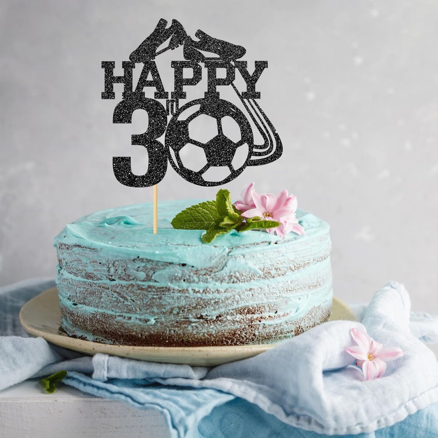 Monmon & Craft Soccer 3Rd Birthday Cake Topper/Sport Theme Soccer Ball Cake Docer/Soccer Player Boy 3Rd Birthday Party Decorations - Black Glitter image number 1