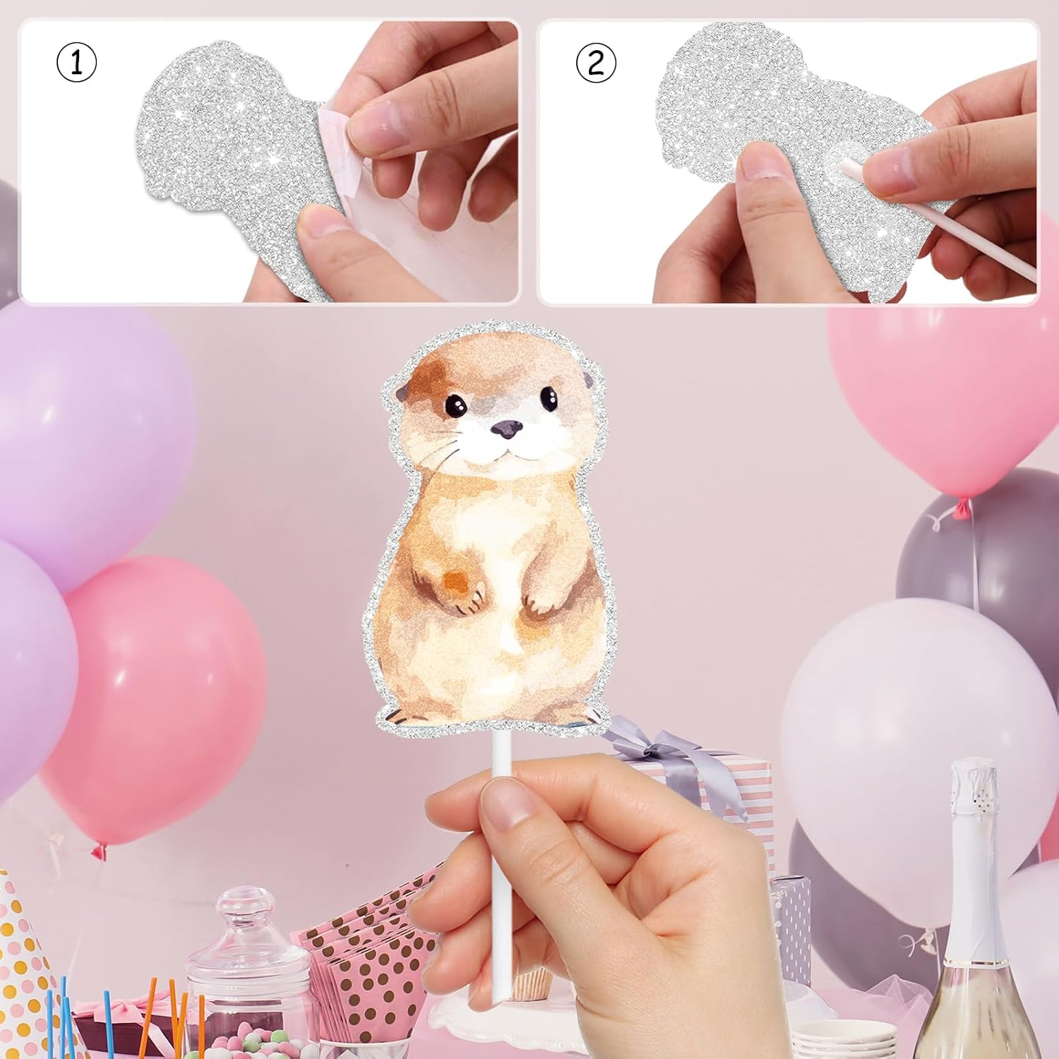 18Pcs Cute Cartoon Otter, Sea Otter Animal Them Happy Birthday Cupcake Decorations Set - Perfect for Boys Girls Birthday Party, Baby Shower, Animal Theme Party Kawaii Zoo Decoration Supplies - LIANGSS image number 4