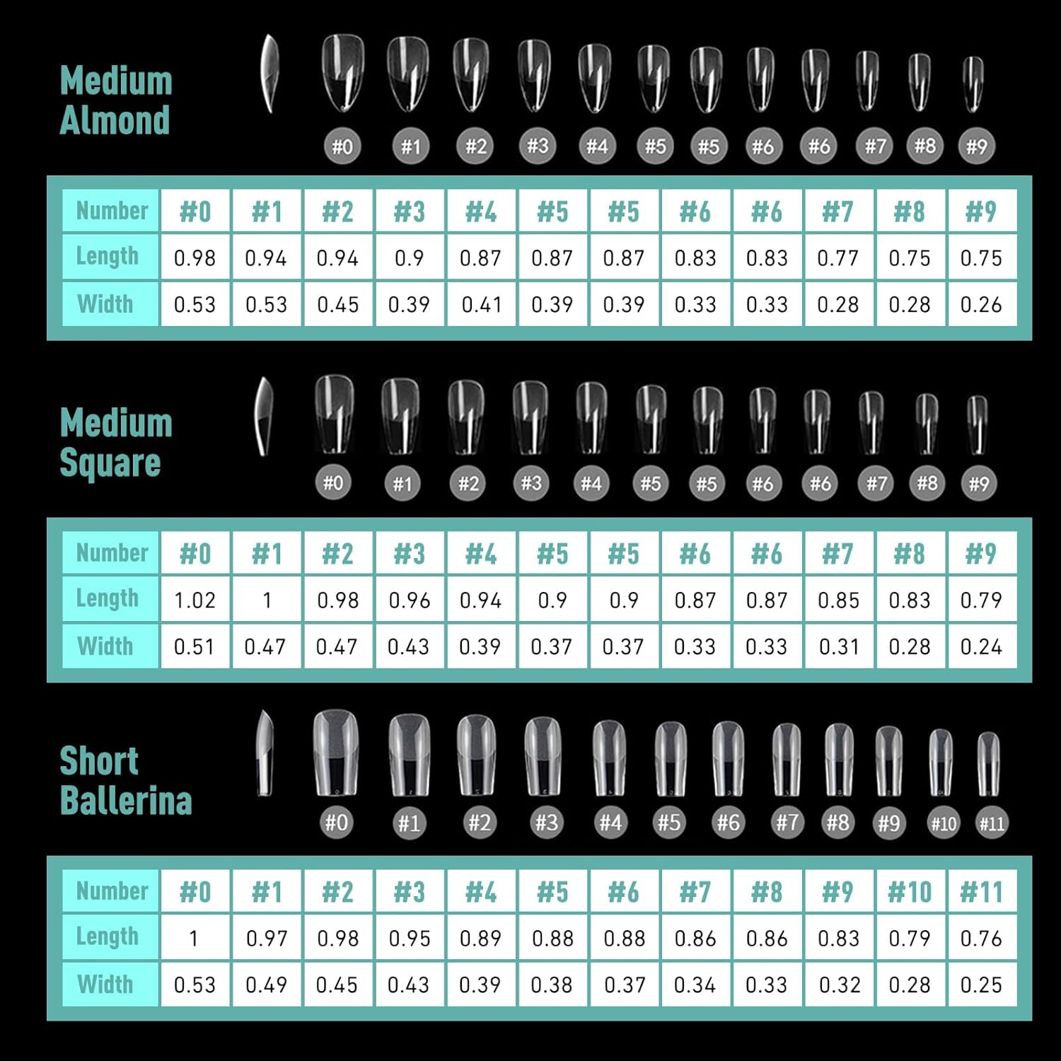 Soft Gel X False Nail Tips Kit of 3 Styles - Ballerina Medium Almond, Square and Short, 360Pcs Full Cover Acrylic Nail Tips Semi-Matte Preformed, Nail Extension