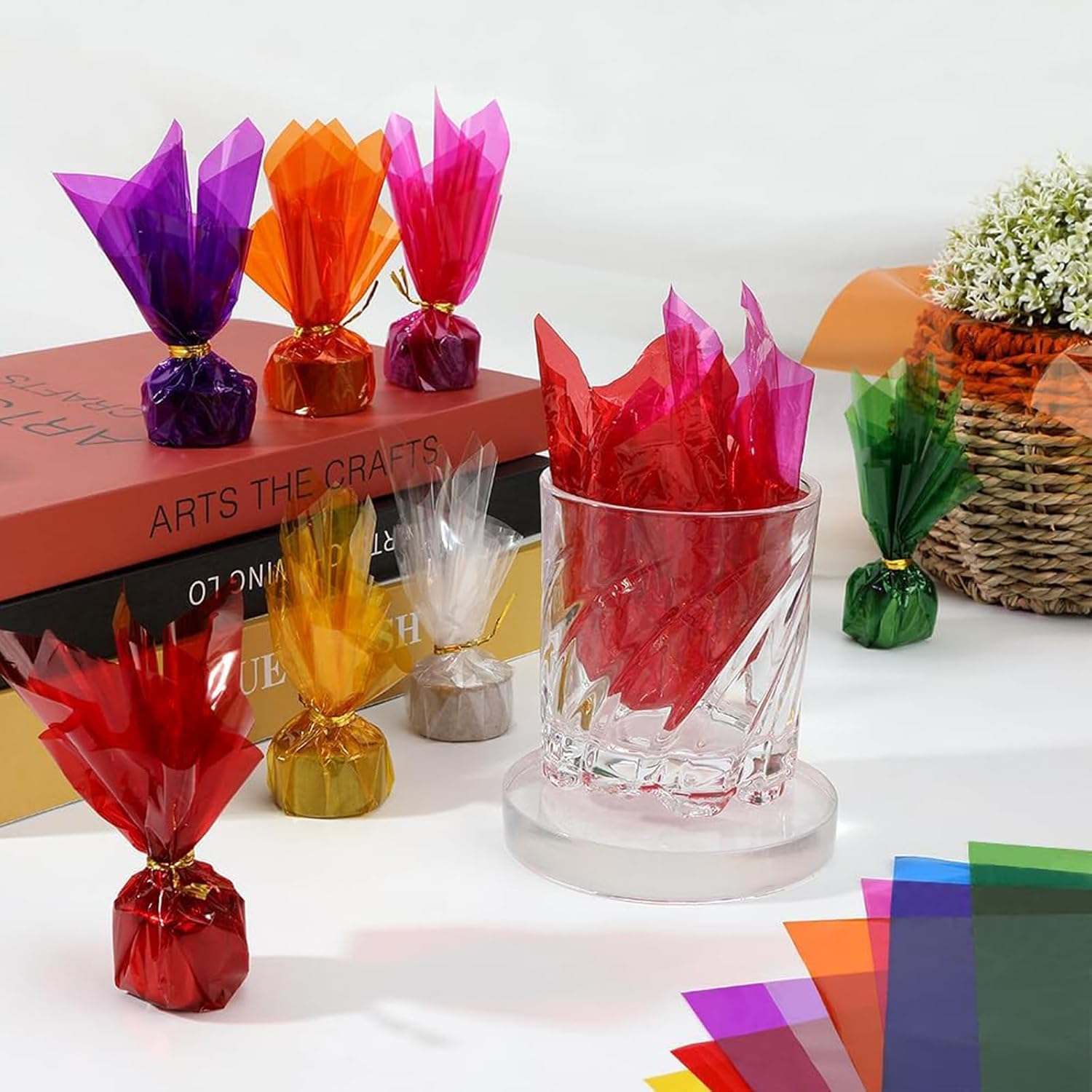 Colourful Cellophane Sheets,Haakhui 160Pcs DIY Crafts Decorations Transparent Wrapping Paper for Candy and Gifts, Good for Christmas Birthday New Year Party Deco