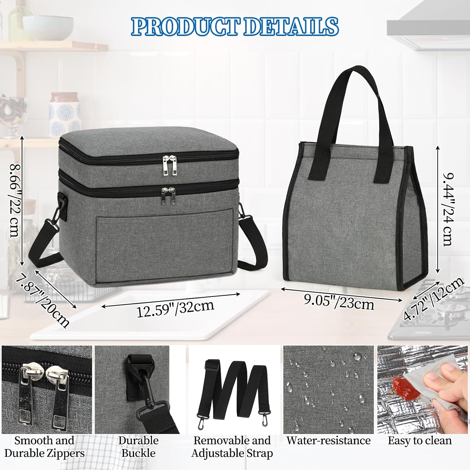 Lubardy 2PCS Lunch Bag, Insulated Lunch Bag, Waterproof Reusable Lunch Bag with Removable Adjustable Shoulder Strap,Lunch Box for Men Women,For Outdoor, Picnic, Work,Grey image number 2