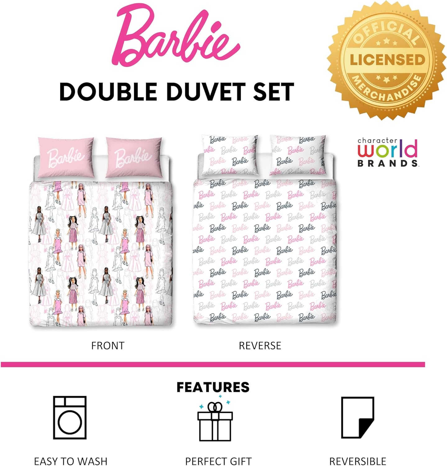 Character World Barbie Official Double Childs Duvet Cover Set | Figures Design Reversible 2 Sided Teens Bedding Including Matching Pillow Cases | Polyester Double Quilt Cover, Pink image number 2