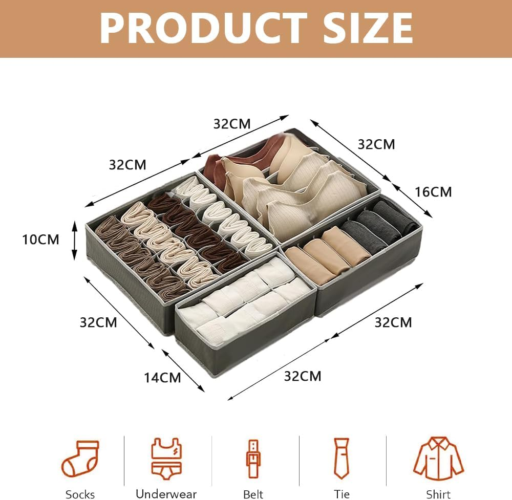 4-Pack Foldable Fabric Drawer Organizers &ndash; Closet Storage Dividers for Underwear, Socks, Baby Clothes, Ties, Bras & Scarves &ndash; Dresser Drawer Bins for Nursery, Bedroom (Grey) image number 3