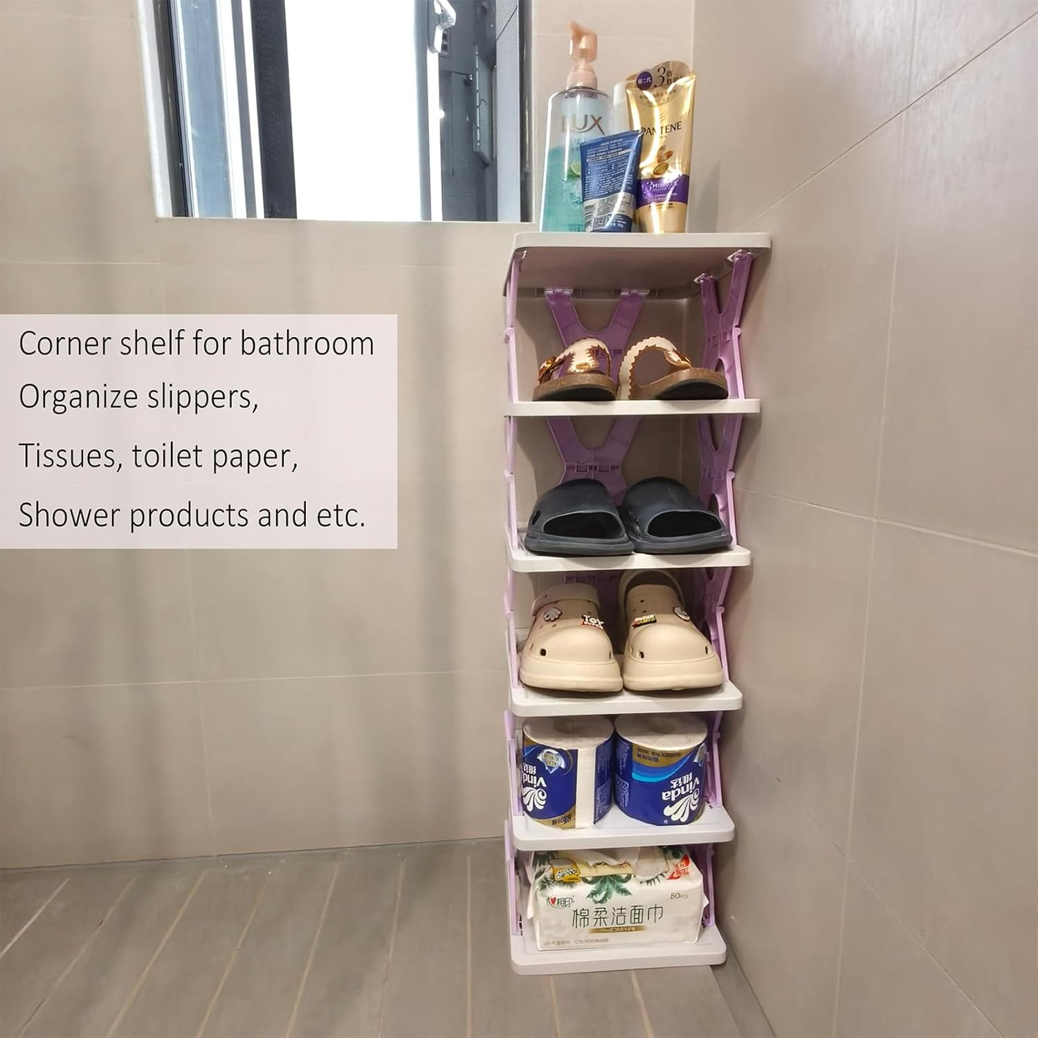Foldable Vertical Shoe Rack, X-Design Tall Shoes Organiser for Narrow Space, Corner Shelf for Single Dormitory or Small Room (Purple, 6 Tier) image number 1