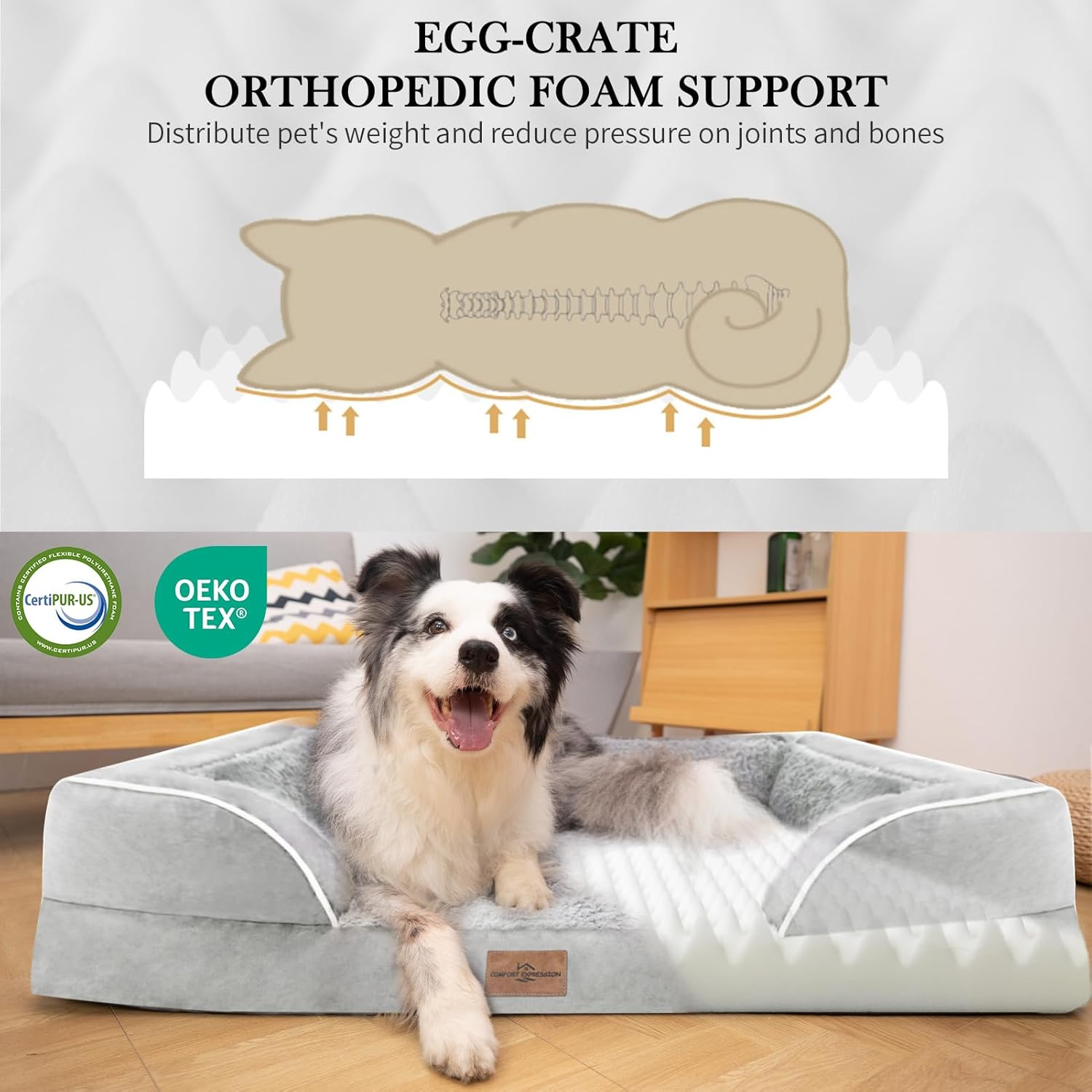 Comfort Expression Dog Bed for Extra Large Dogs, Waterproof Orthopedic Bed, Breed Durable PV Washable Sofa White, with Removable Cover Zipper, Jumbo-45''X35'' image number 7
