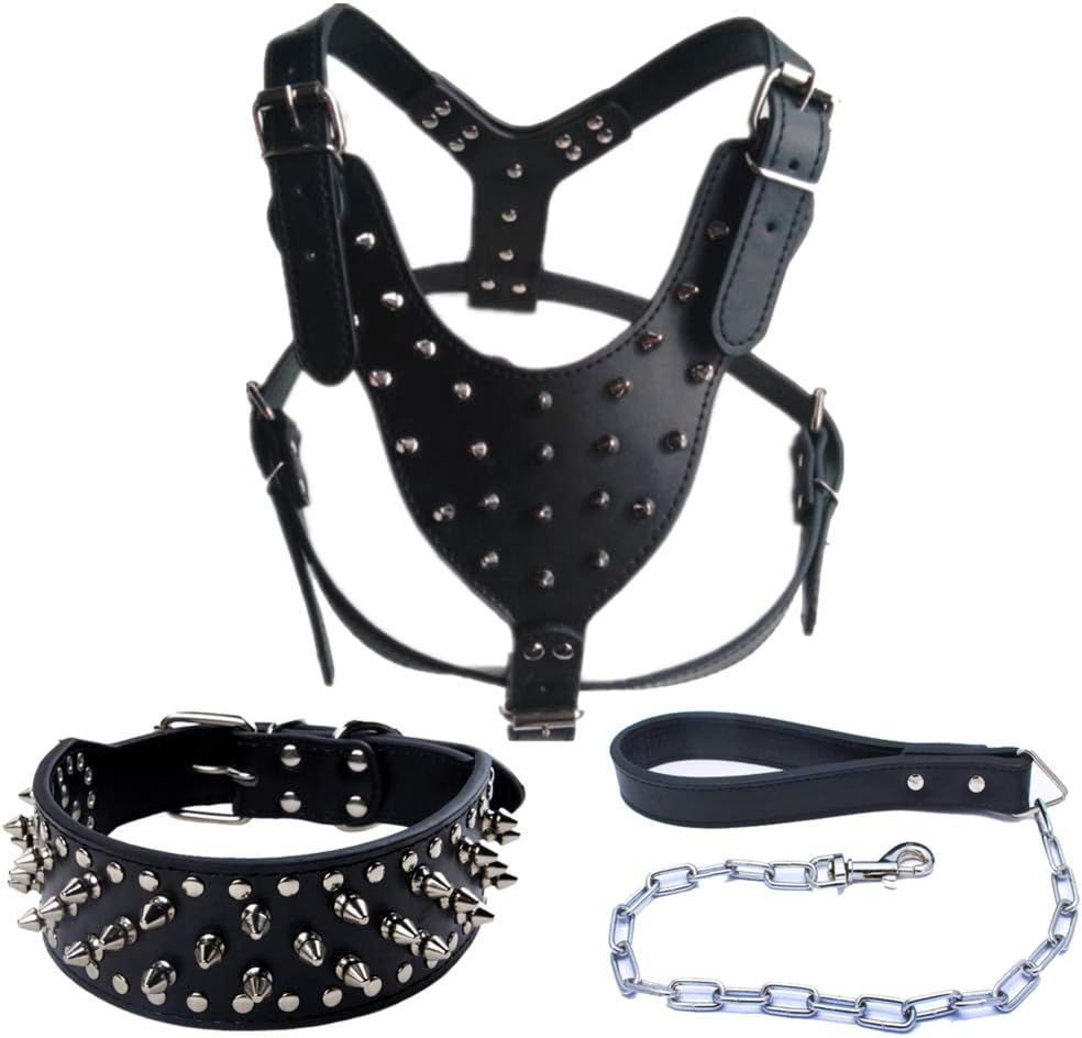 3 Pieces Harness for Dogs with Spiked Rivets, Dog Collar Dog Chain Set Adjustable Lead for Dog Harness Collar Chain