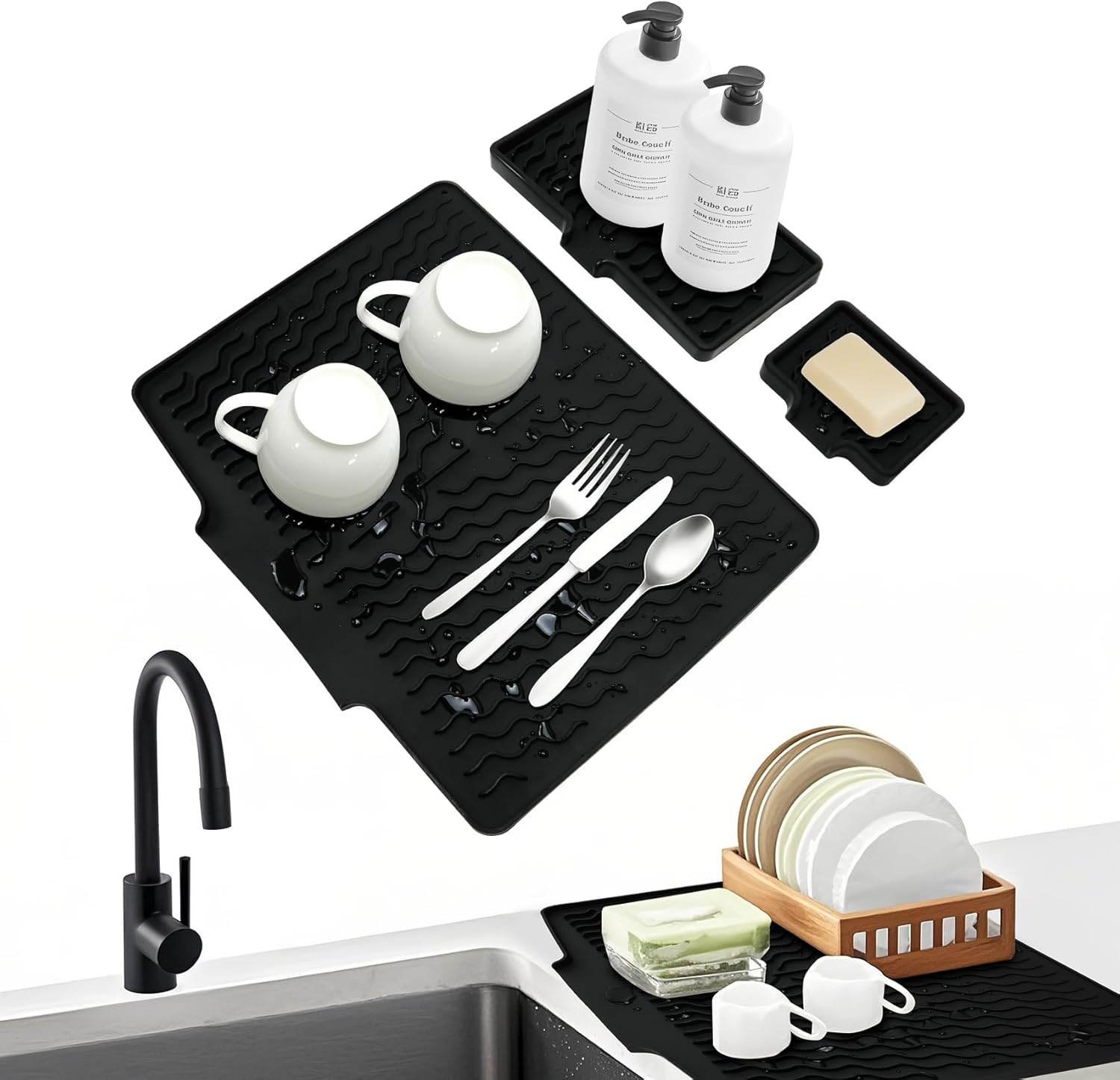 Silicone Dish Drying Mat for Kitchen Counter,Non Slip Drain Pad,Dish Drying Mats with Built in Drain,Large Dish Drying Mat,Silicone Soap Dish,Easy to Clean Drying Pad.Set of 3(Grey)