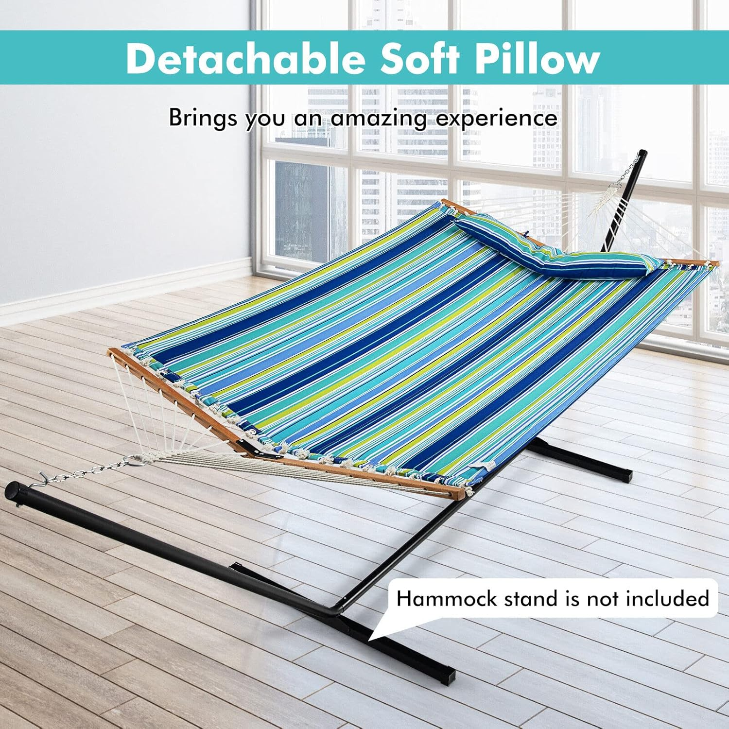Costway Portable Hammock W/Spreader Bars & Detachable Pillow, Quick Dry & Water Proof Material, Hand Woven Cotton Rope, Outdoor Indoor Hammock for Patio, Poolside, Garden, Backyard image number 2
