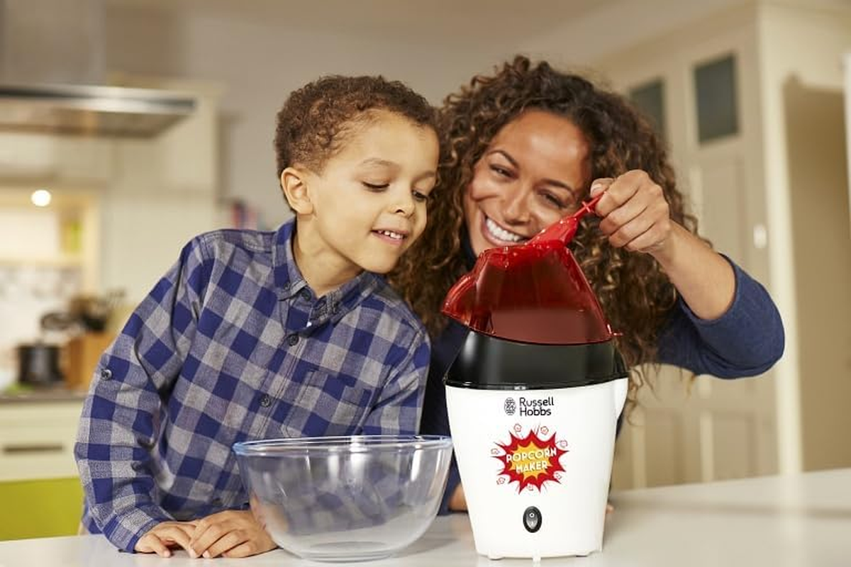 Russell Hobbs Fiesta 24630-56 Popcorn Machine (Hot Air Popcorn Maker, No Fat & Oil, Includes Corn Measuring Spoon, Bpa-Free, 1290 W), White/Black