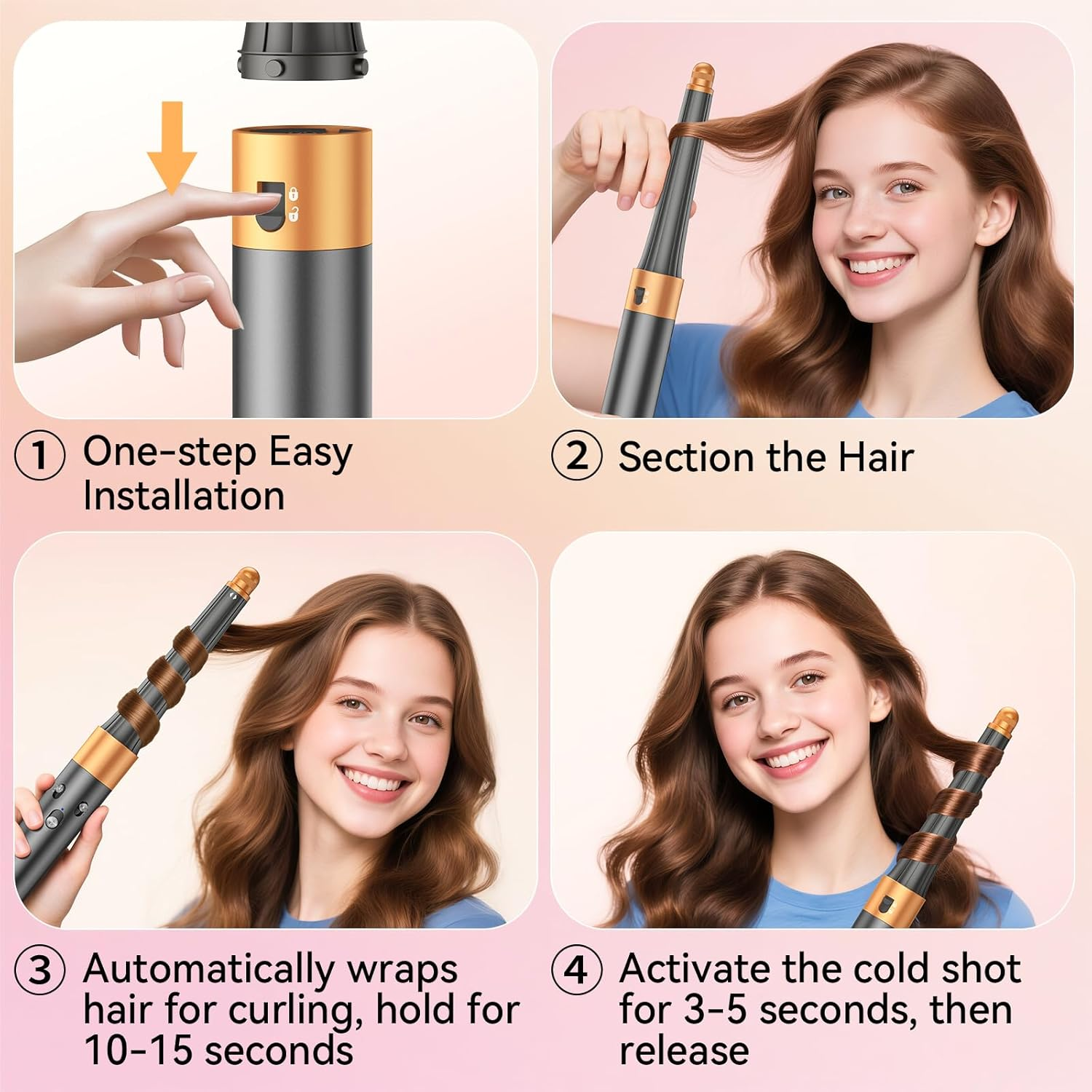 0.78In-1.4In Conical Long Barrels Attachment for Dyson Airwrap HS01 HS05 Accessories, 20MM-36MM 2 in 1 Auto-Wrap Curling Iron Curlers for Professional Barrels Curl and Wave Curl Hair, Gold image number 3