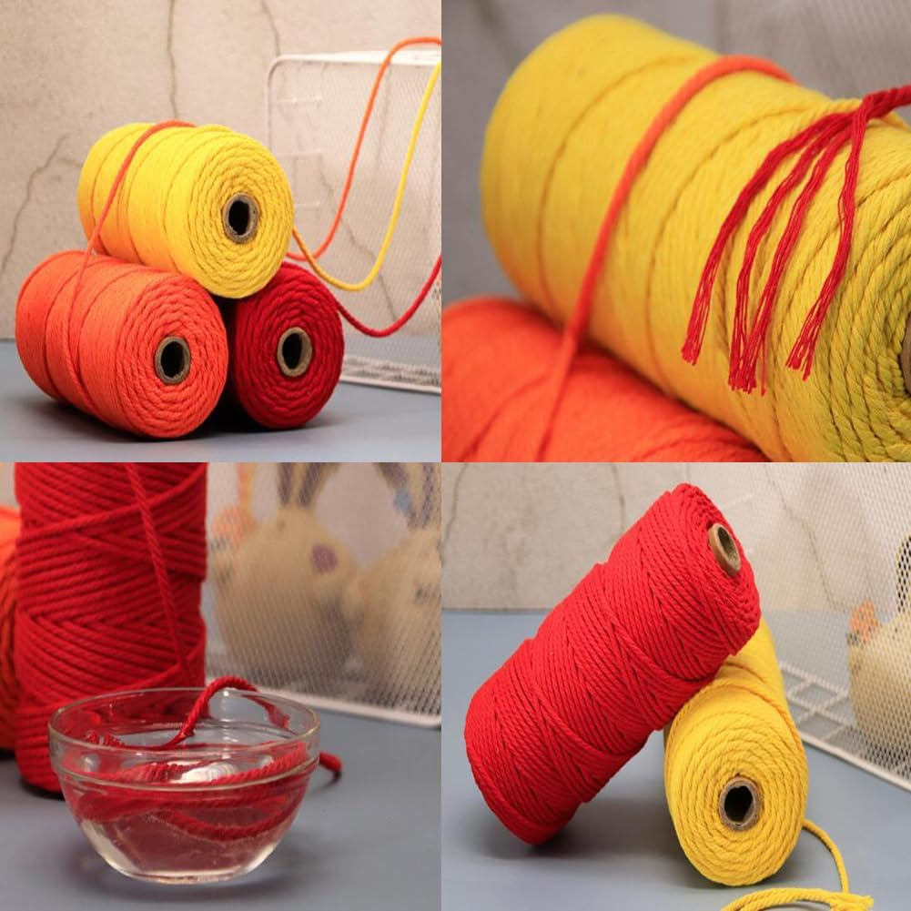 5 Rolls Natural Macrame Cord, Betterjonny 3Mm X 270 Yards Colored Macrame Rope, 4 Strand Twisted Cotton Rope Macrame Yarn, Colorful Cotton Craft Cord for Wall Hanging, Plant Hangers, Knitting, DIY