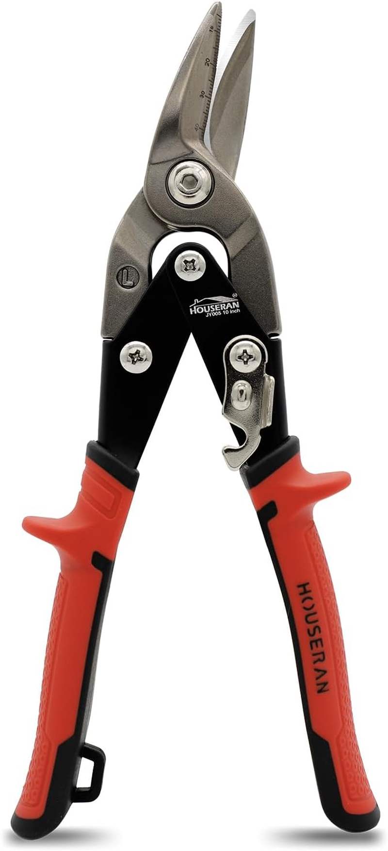 HOUSERAN 10 Inch Tin Snips, Right Cut Offset Aviation Snips, Heavy Duty CR-V Metal Cutter with Double Lever, Scale Markings & Safety Lock, Tinner Shears Scissors for Cutting Metal Sheet
