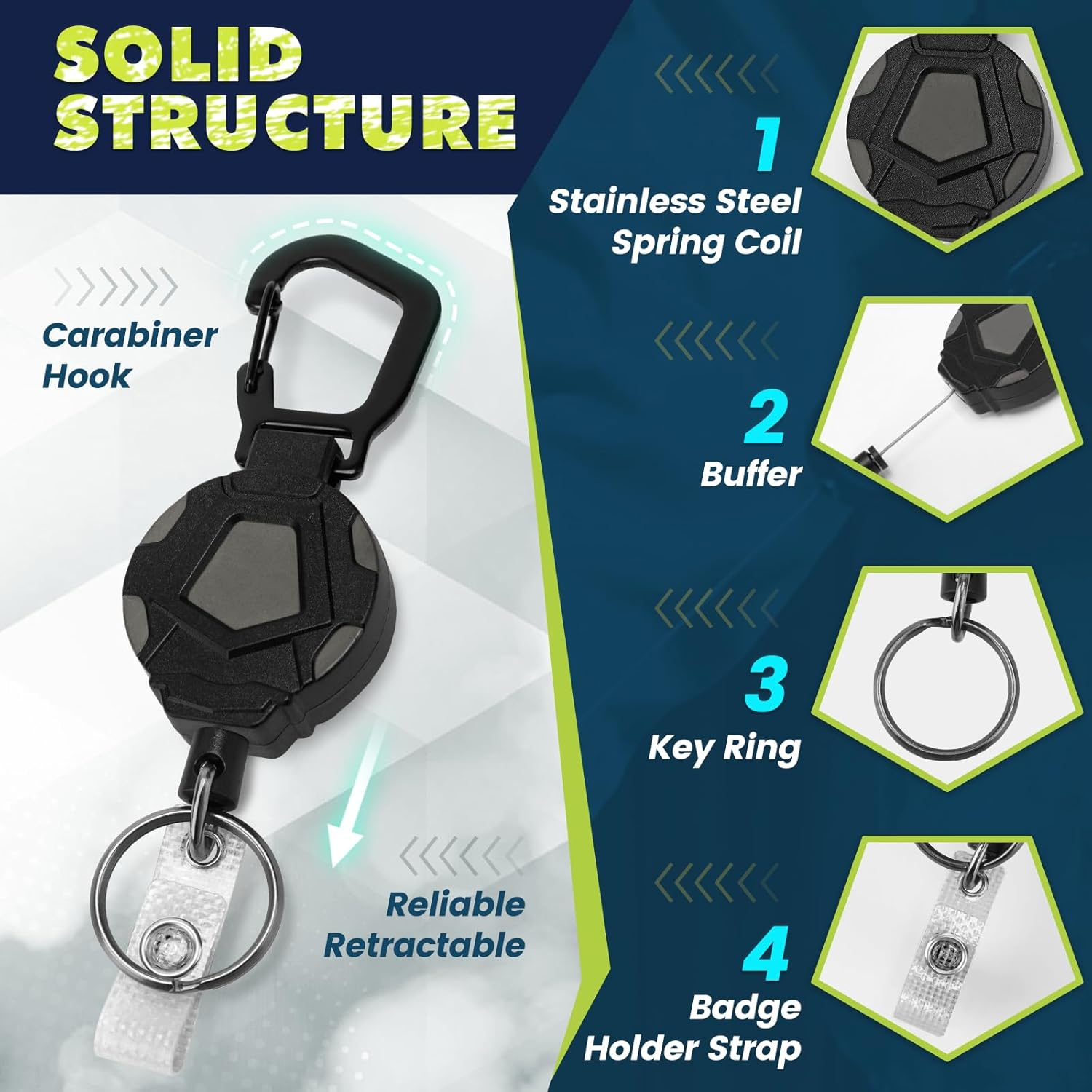 Milifox Retractable Keychain Heavy Duty Badge Reel Carabiner Badge Holder with Steel Retractable Cord for Hanging Carabiner Badge, Key, 2-Pack image number 2