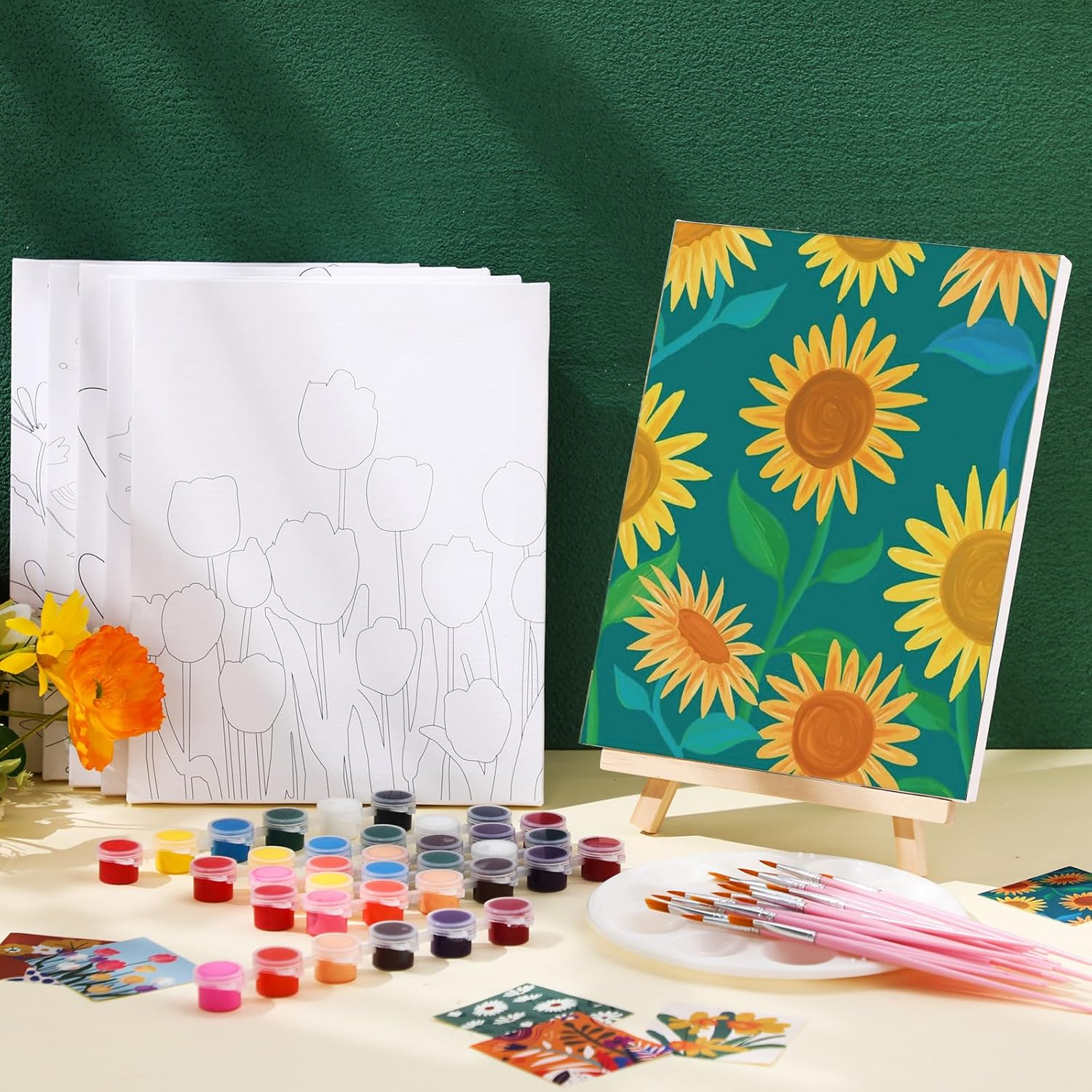 Engrowtic 6 Packs Pre Drawn Canvas Kit for Painting Adult 8 X10 Inch Sip and Paint Kit Flower Painting Pre Printed Canvases with Easel and Brushes for Adults Kids DIY Summer Artist Party