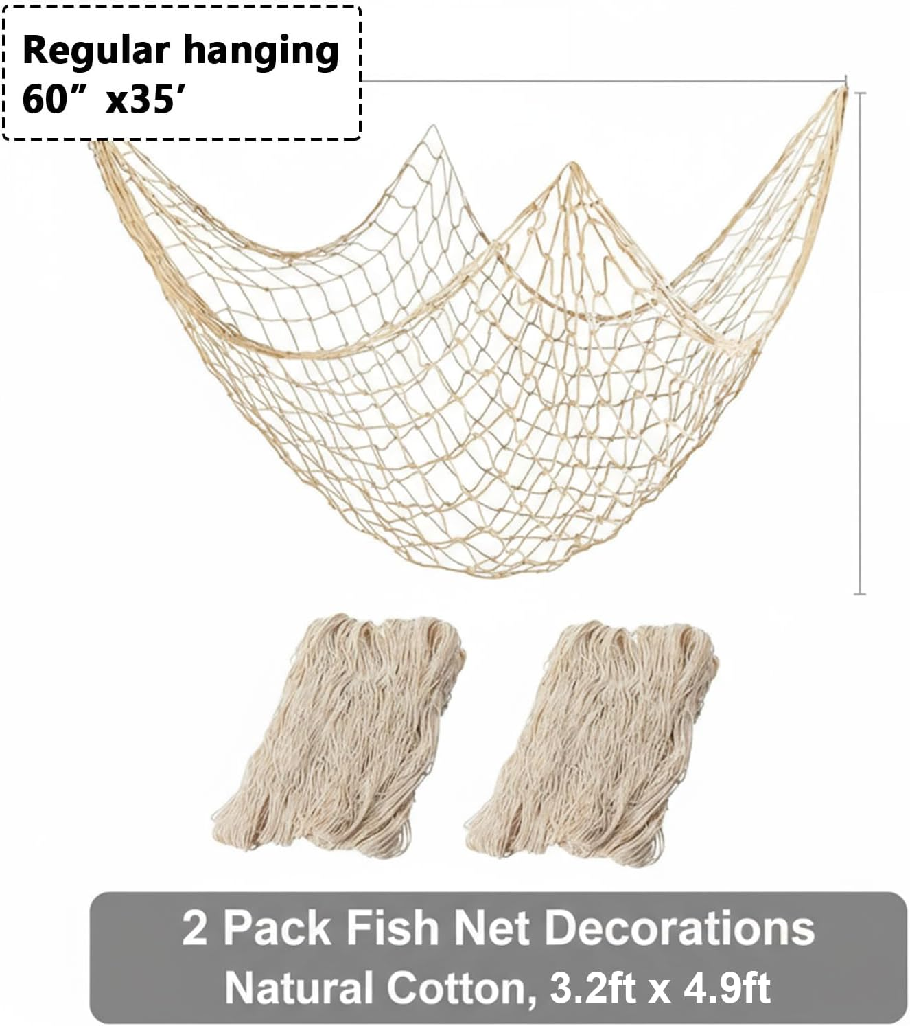 Fish Net Decorations 2 Pack, Natural Cotton Fishing Nets for under the Sea Party Decorations, Ideal for Beach Room Decor & Coastal Decor, Nautical Pirate Halloween Decoration by Ruibex image number 3