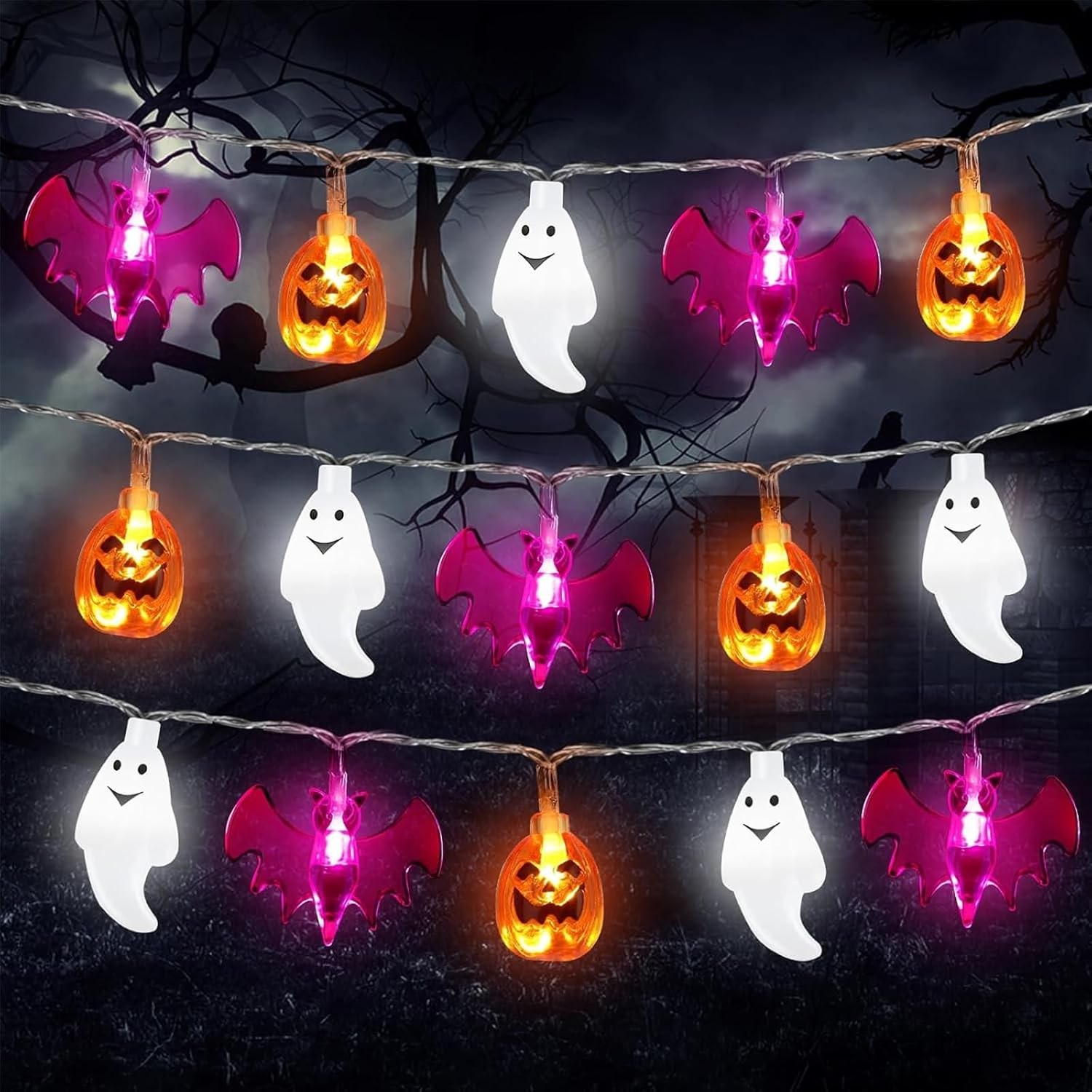 Goldrock 3M 20 LED Halloween String Lights 2 Modes Halloween Decorations Indoor Outdoor Ghost Pumpkin Bat Decoration Helloween
