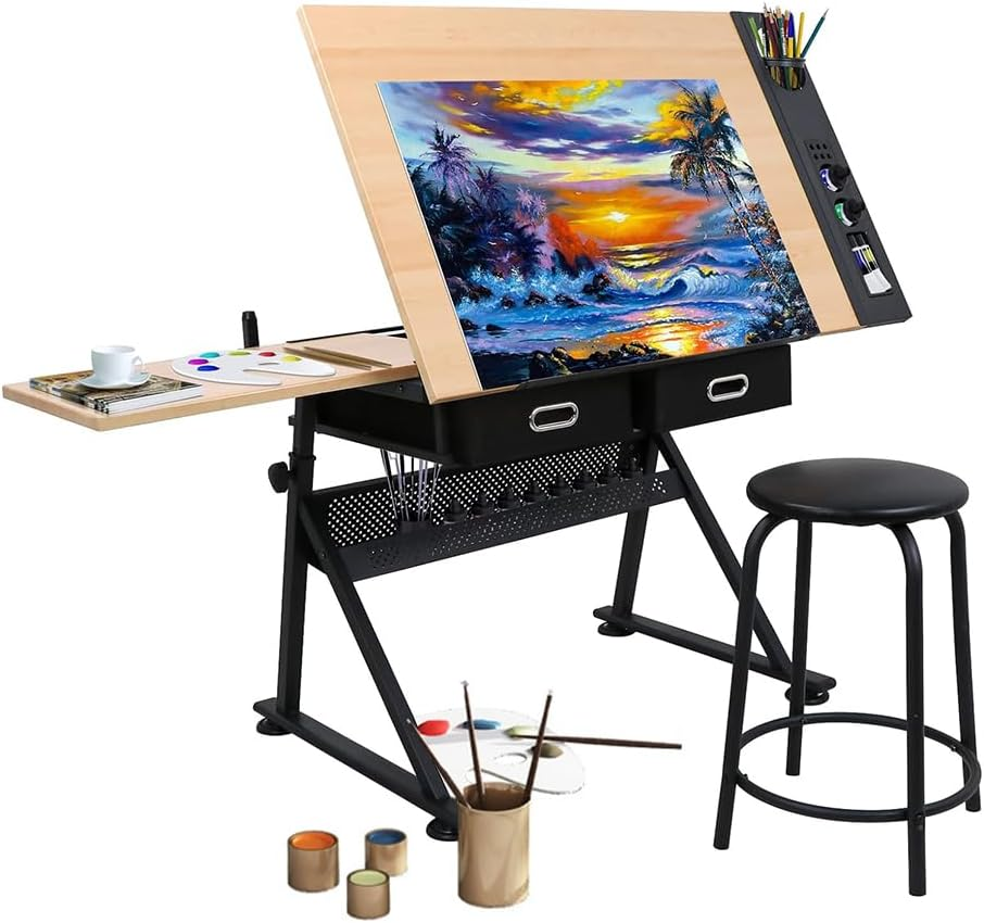 Drawing Tables for Artists,Height Angle Adjustable Drafting Desk W/2 Drawers Craft Station W/Metal Frame Tiltable Art Desk Work Station for Painting, Writing, Studying (Wood) image number 5