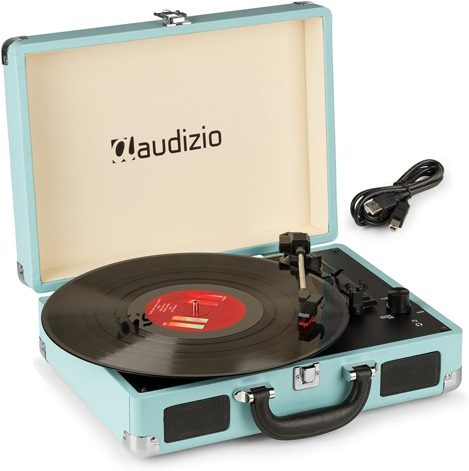 Audizio Turntable Briefcase Record Player | USB Retro Record Players for Vinyl with Speakers | 3 Speeds | Convert Retro Vinyl to Mp3 via USB | RCA Output/Aux 3.5Mm (Blue) image number 4