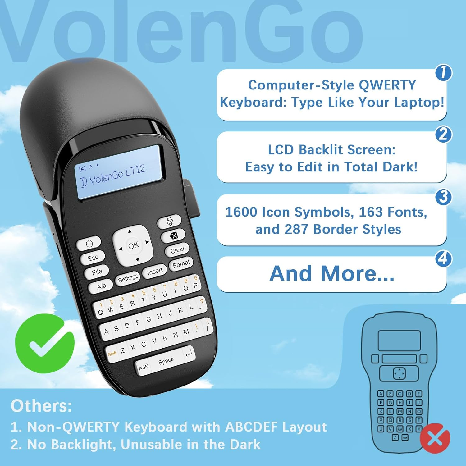 Volengo LT12 Label Maker, Handheld Portable Label Printer, Easy to Use, QWERTY Keyboard, Backlit LCD, for Home, Office, and On-The-Go Use image number 1
