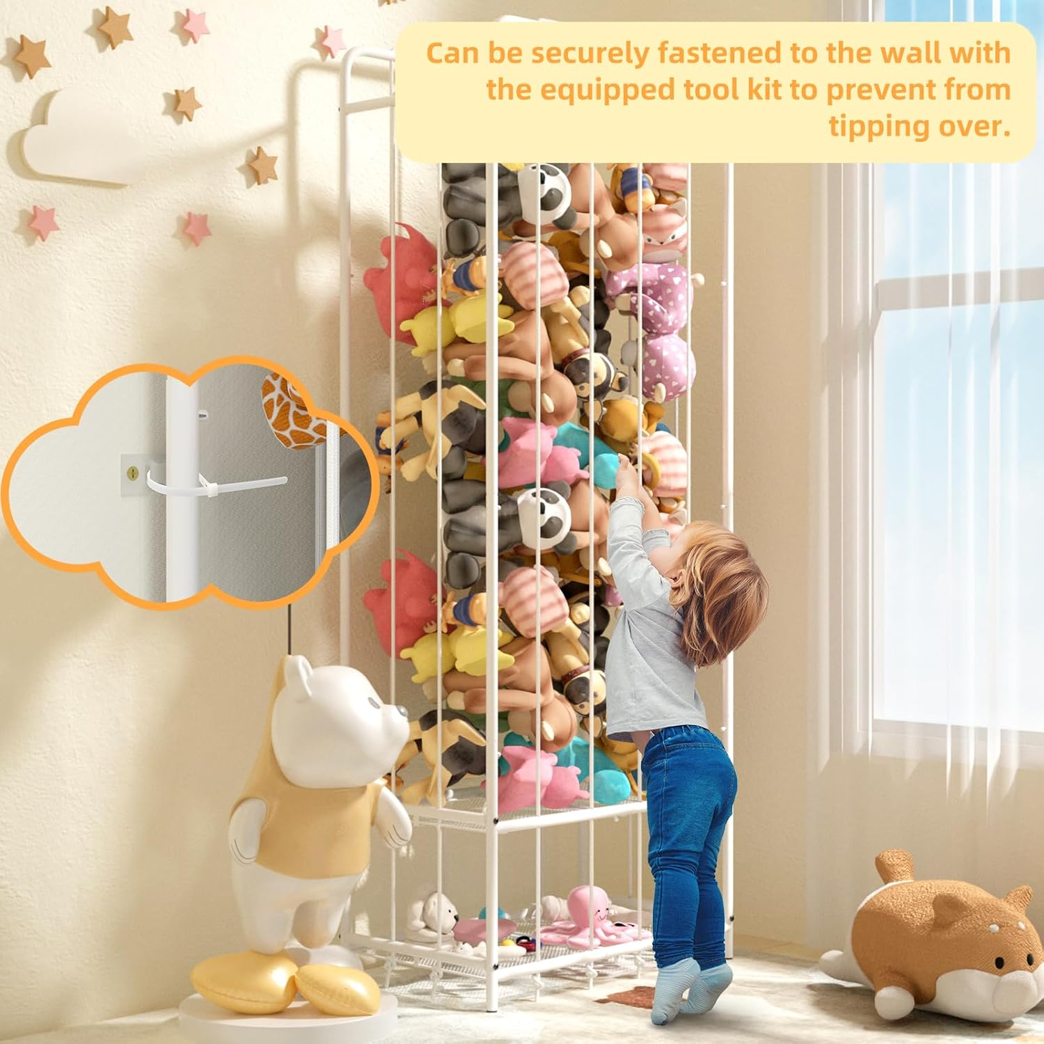 FAYDUDU Stuffed Animal Zoo Stuffed Animal Storage Toy Organization Stuffed Animals Holder Shelf with Elastic Band Stuffed Animals Cage for Nursery Playroom Bedroom Kid Room Furniture (New White) image number 6