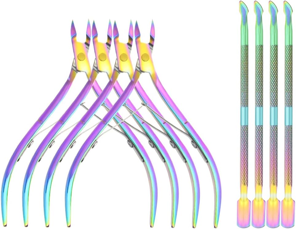 XINMEIWEN 8Pieces Cuticle Trimmer Cuticle Nipper Cuticle Remover Cuticle Cutter with Cuticle Pusher Stainless Steel Cuticle Cutter Clipper Nail Tools for Fingernails and Toenails (Rainbow)
