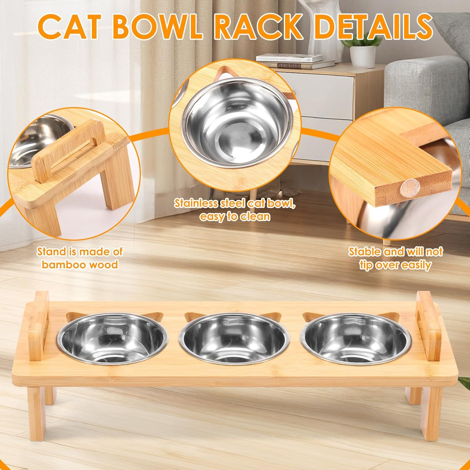 Elevated Cat Bowls with Bamboo Stand Tilted Raised Pet Food Feeding Dishes with 3 Stainless Steel Bowls for Cats and Puppy (3 Bowls) image number 6
