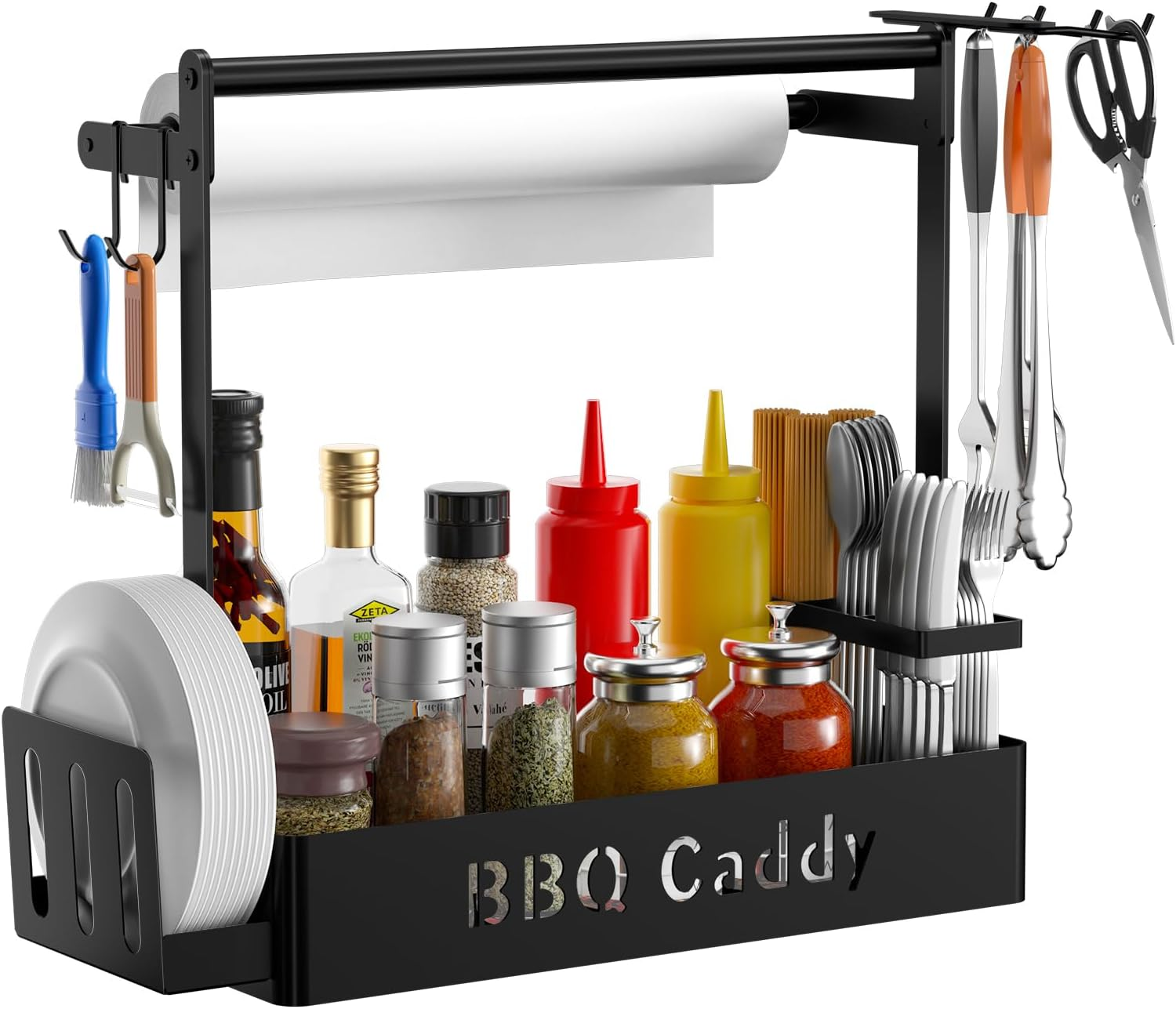 ZDDLOINP Grill Caddy with Paper Towel Holder, Plate Cutlery & Flatware Organizer, Picnic Condiment Caddy with 4 Hooks for Outdoor Barbecue Accessories