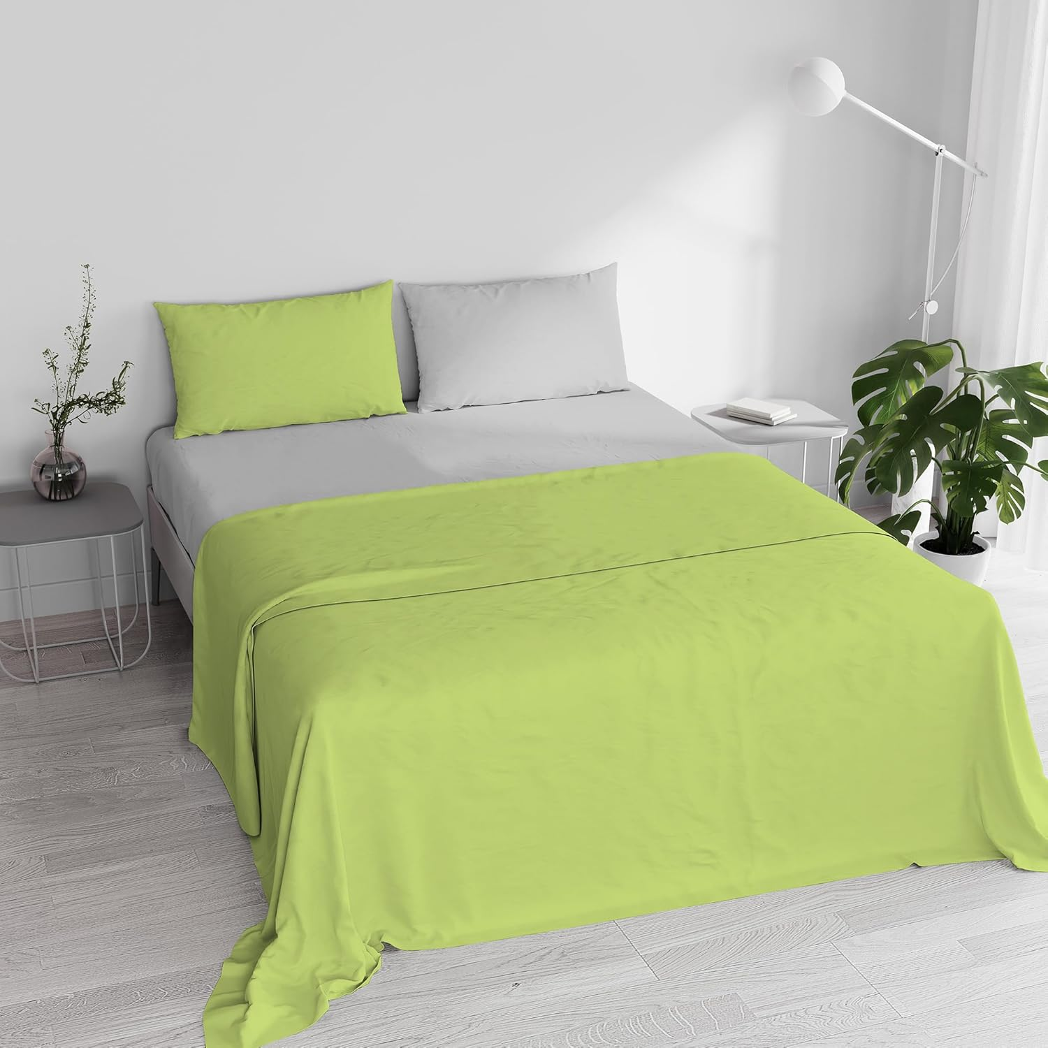 100% Natural Cotton Duvet Cover Set for Double Bed, Made in Italy, Fitted Sheet, Top Sheet 240 X 300 Cm and Pillowcases with Flap, Dusky Pink/Light Grey