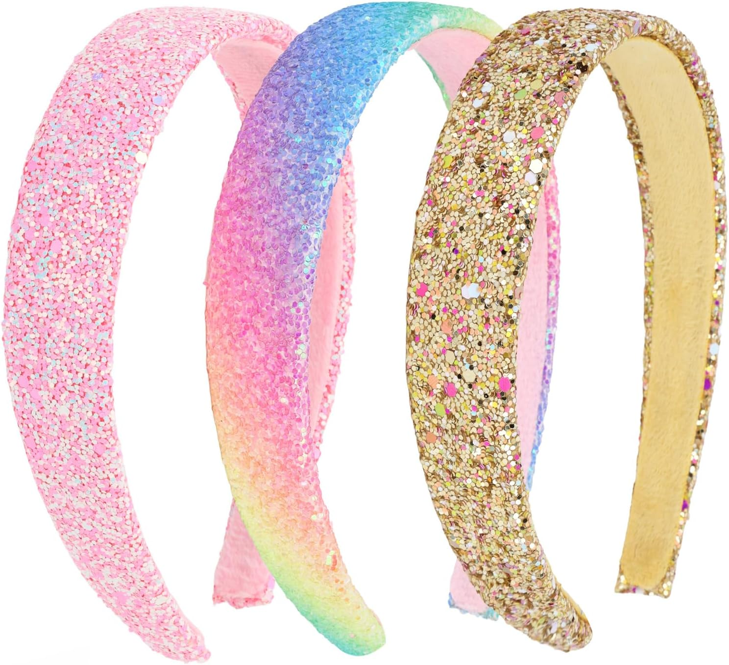 Uintoon Girls Headbands, 3PCS Headbands for Girls Women Glitter Gold Rainbow Pink Headband Sparkly Sequin Headband Hair Accessories image number 4
