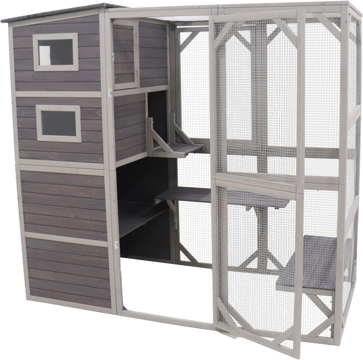 Flylline Walk in Wooden Cat Townhouse Kitten Ferret Enclosure Cage House image number 1