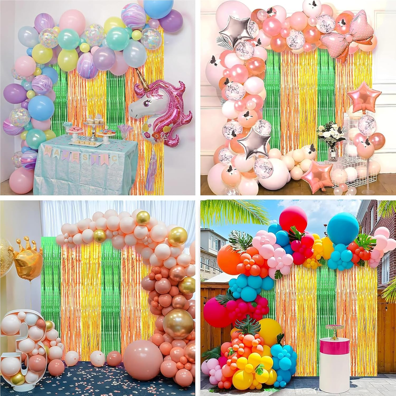 Hawaiian Luau Party Foil Fringe Curtains,2 Packs of 3.3X6.6 Ft Green Brown and Yellow Foil Fringe Curtains,Tinsel Photo Booth Props,Streamer Backdrop for Hawaiian Tropical Beach Party Decorations image number 3