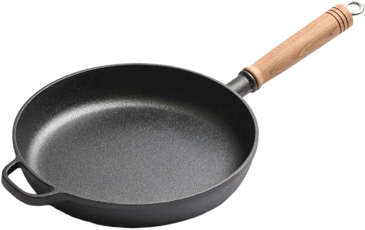 Cast Iron Flat Pan,Frying Pan, Skillet, Non Stick, Wooden Handle,Iron Pot, Flat Bottomed Pan (Simple 25Cm)