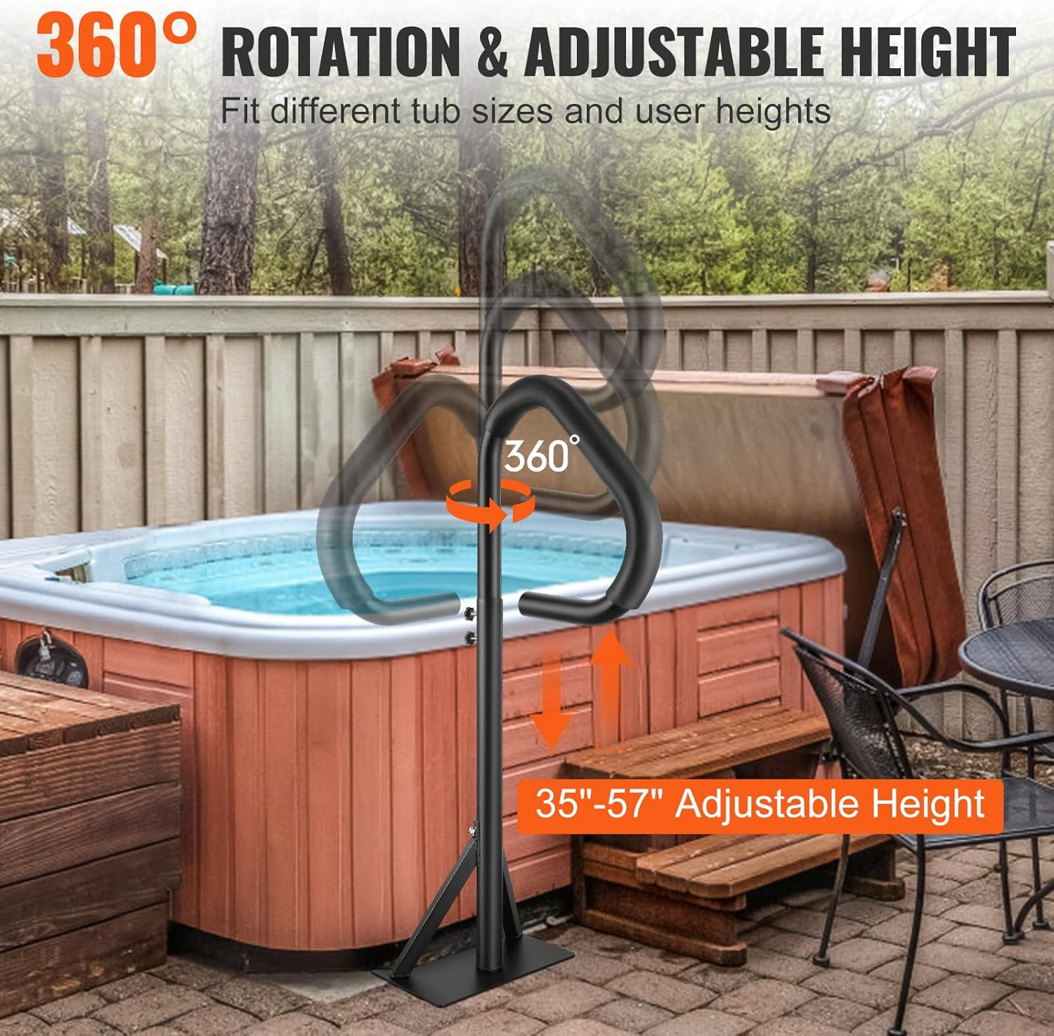 VEVOR Hot Tub Handrail, 360 Rotatable Spa Side Handrail with 35"-57" Adjustable Height, Rust-Proof Aluminum Spa Step Hot Tub Hand Rail with Slide-Under Mount Base for Indoor & Outdoor, 600LBS Capacity image number 5
