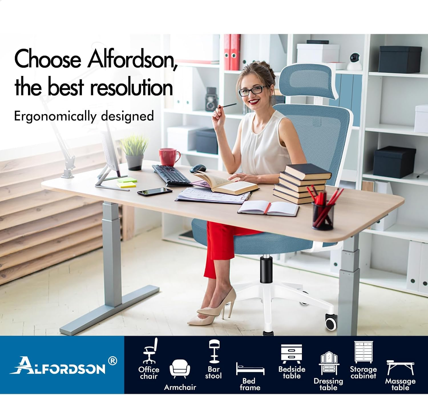 ALFORDSON Office Chair Mesh Computer Chair Swivel Executive Desk Chair with Adjustable Headrest and Armrest Arco Series(Blue) image number 5