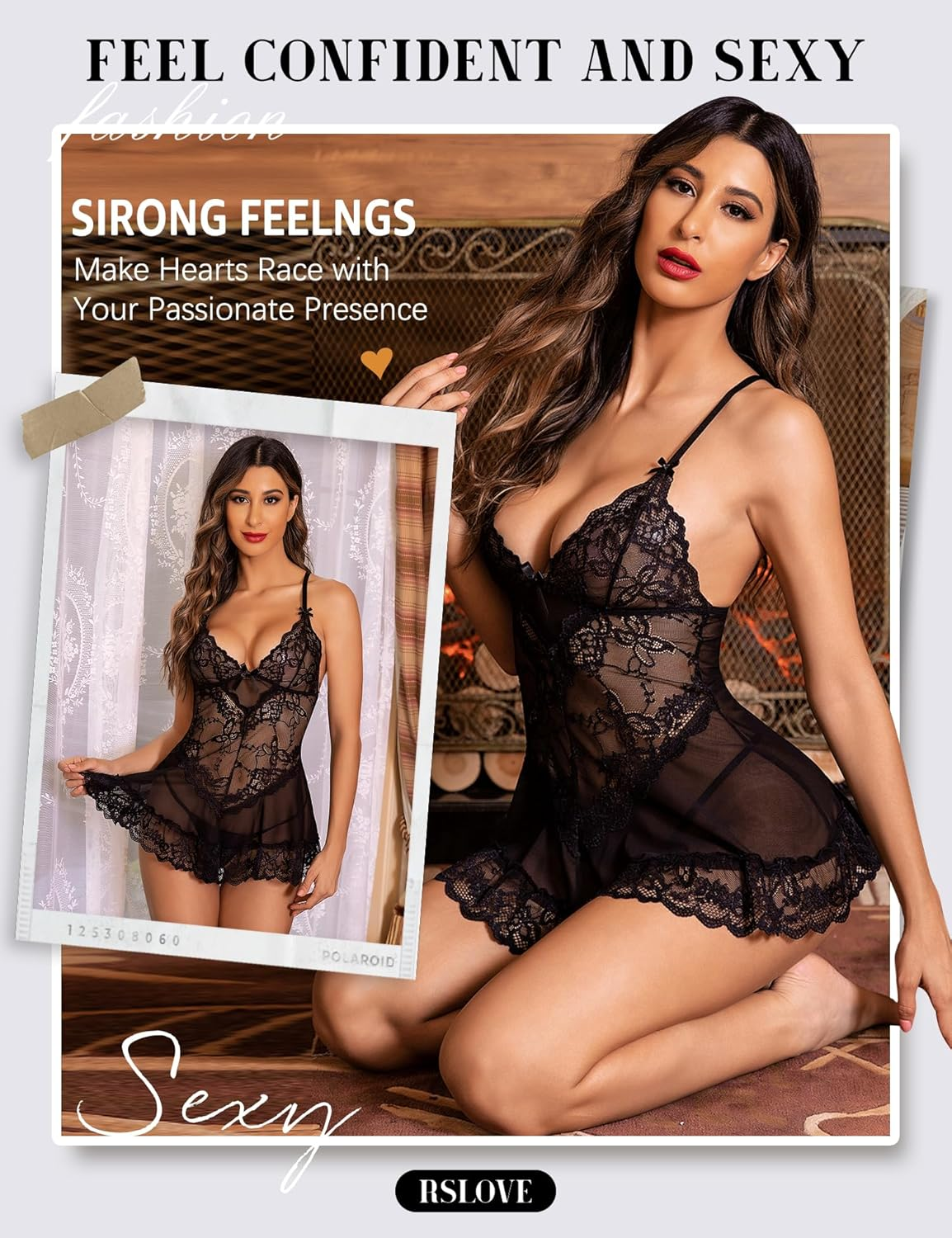 RSLOVE Babydoll Lingerie for Women Lace Chemise Sexy Nightgown Sleepwear Dress