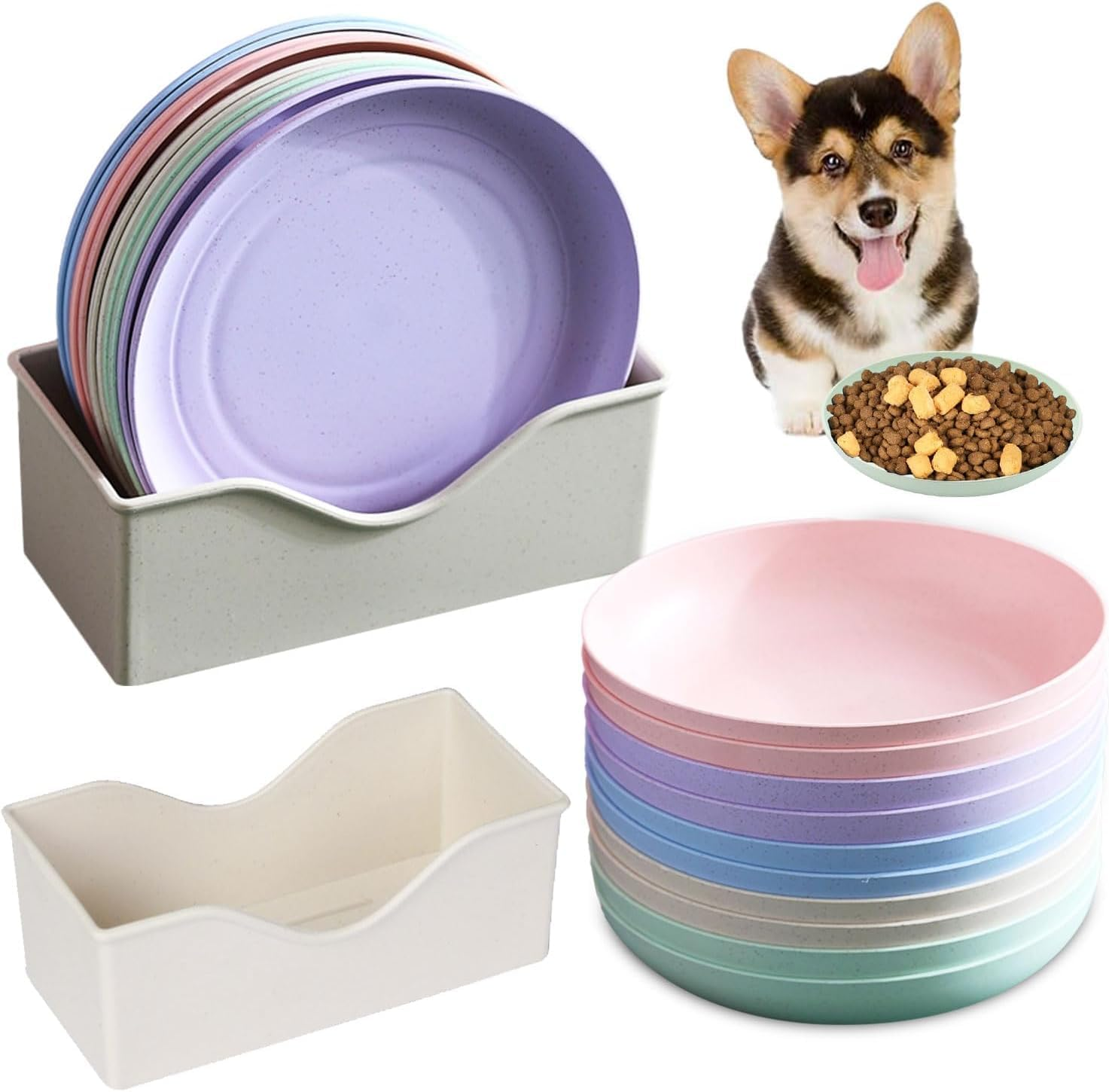 Pack of 10 Flat Cat Bowls, round Cat Plates, Colourful Cat Food Bowl Set, Cat Plate for Kittens and Short-Legged Cats