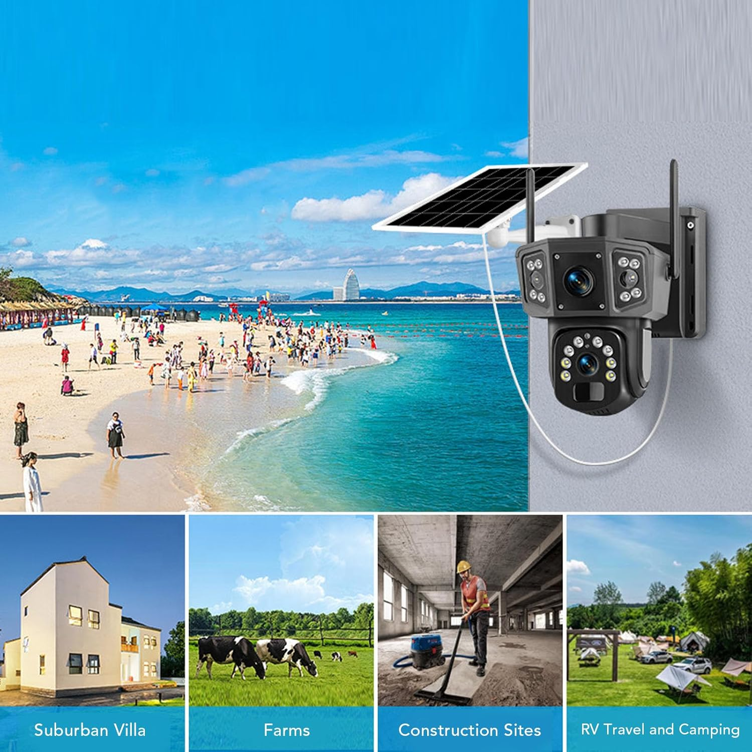 Solar Security Cameras Wireless Outdoor, 4K Battery Powered PTZ Wifi 8MP Security Camera, PIR Motion Detection & 360&deg; Panoramic View, Dual Lens