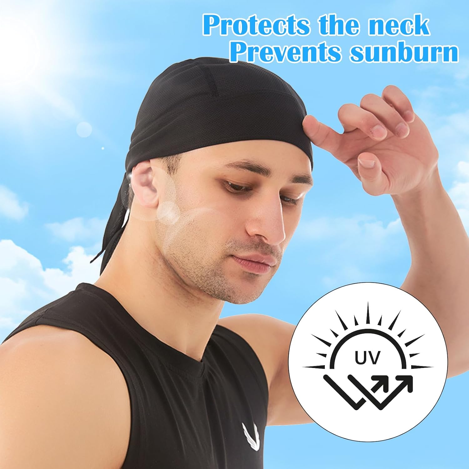 TNSLAND Pack of 2 Sports Bandana Cap, Quick-Drying, Durag Men'S Bandana, Men'S Women'S Running Hat, Men'S Headscarf, Summer Hat for Cycling, Climbing, Running, Gym, Black, Grey, Multicoloured, 48-56 image number 6