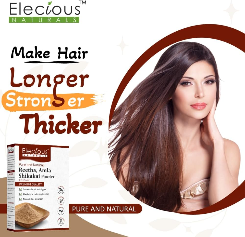 Elecious Naturals Amla, Reetha, Shikakai Powder for Hair | 3-In-1 Natural Hair Cleanser | 100% Natural, No Chemical, No Preservative | SLS, Paraben Free | Ready to Use image number 3