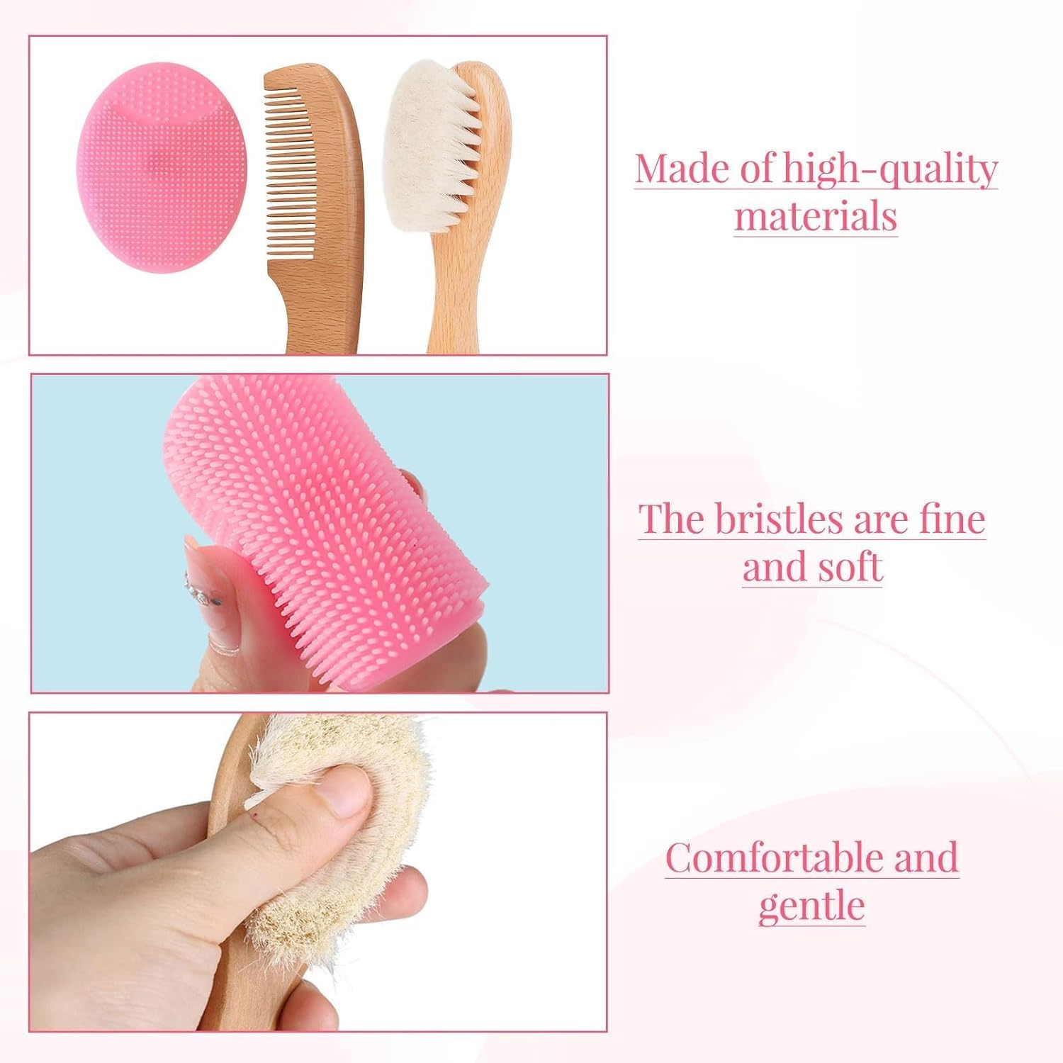 Baby Hair Brush, 3Pcs Baby Brush for Newborns, Cradle Cap Brush, Baby Hair Comb Set, Goat Bristles Comb, Silicone round Teeth Cradle Cap Brushs, for Newborns and Toddlers Hair Massage image number 2