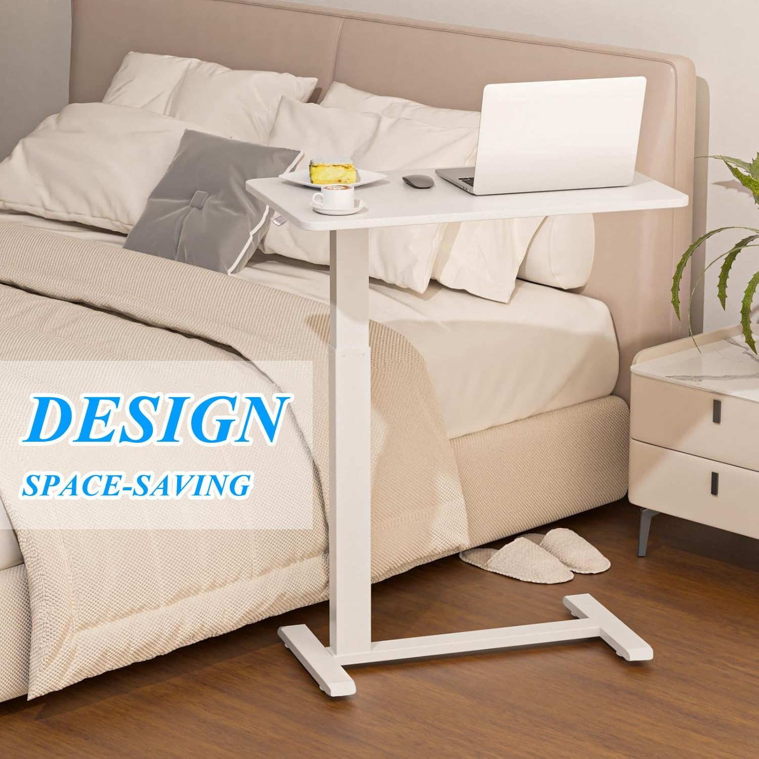 NOAEOU Adjustable Height Side Tables, Hospital Table over Bed for Home Use Swivel, Overbed Bedside Table with Wheels, Pneumatic Moveable Bed Desk, Moveable Rolling Computer Table (White) image number 5