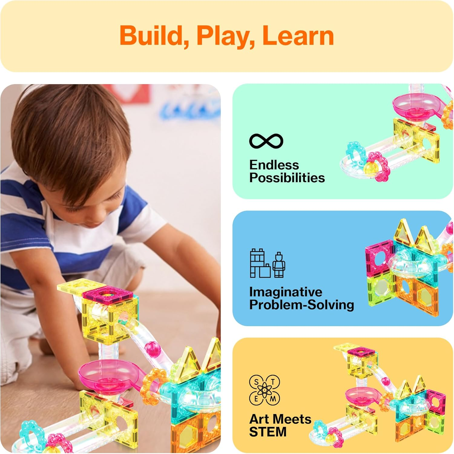 Picassotiles Magnet Tiles Building Block Travel Size Magnetic Marble Run Construction Toy Set Mini Diamond Marble Racetrack 45 Pc Building Blocks Playset Education STEM Learning Kit Boy Girl 3+ PTMG45 image number 3