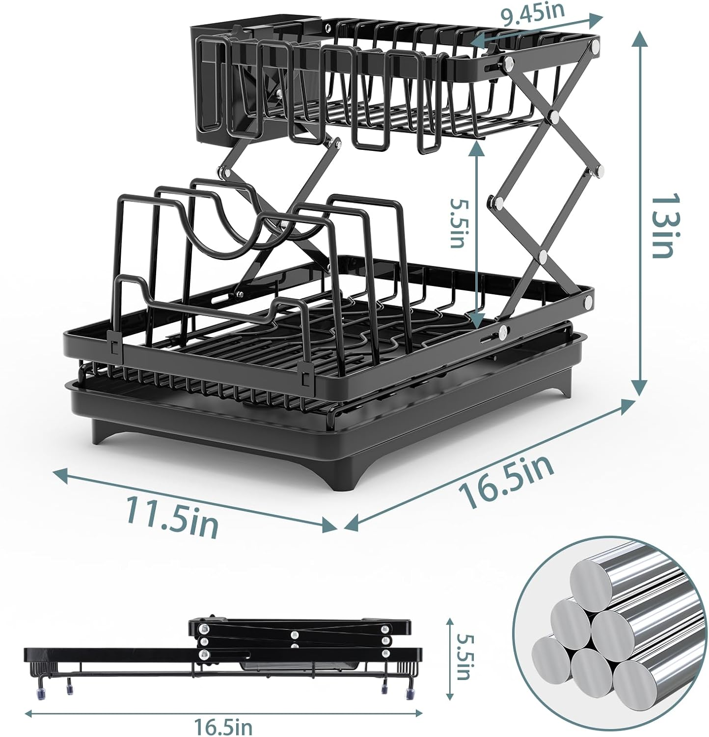 Dish Rack for Kitchen Counter Large 2 Tier Dish Drying Rack with Drainboard Set Folding Dish Drainer with Dishwashing Sponge for Kitchen Storage & Organisation (Black) image number 1