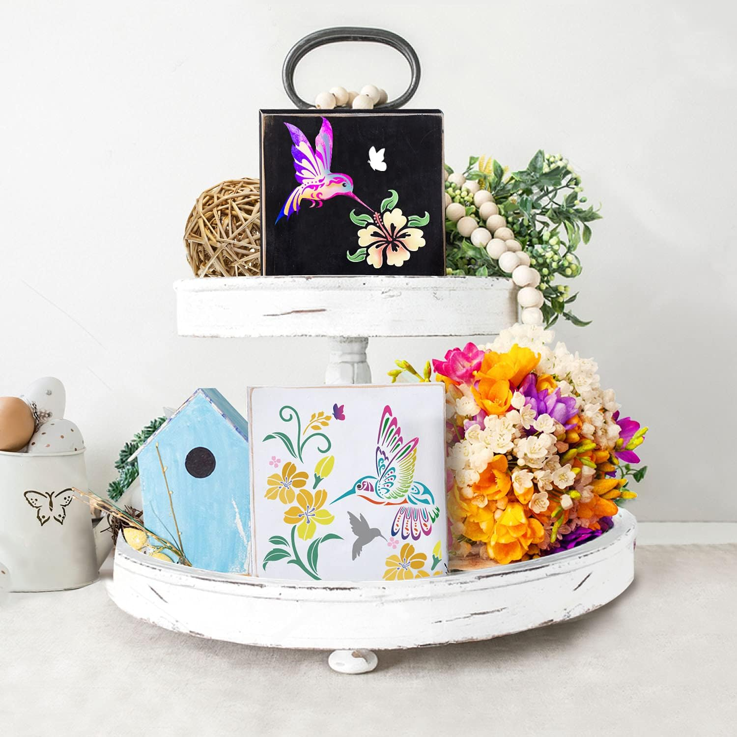 GSS Designs Hummingbird Stencils for Painting (2 Pack) - Bird Floral Flower Bee Stencils for Painting on Wood Canvas Walls and DIY Craft Projects - Reusable Hibiscus Flower Stencil (12" X 12") image number 2