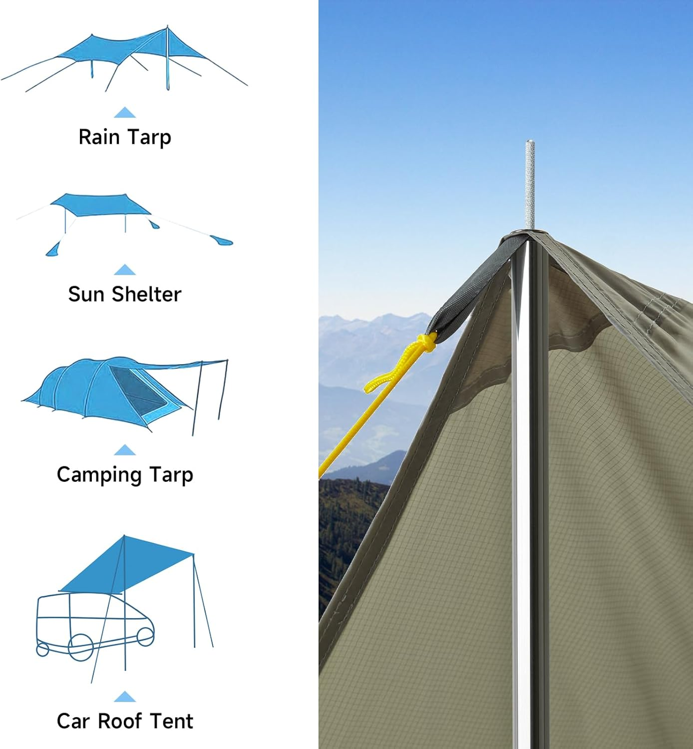 KOMCLUB Tarp Poles 198Cm/78.1In Adjustable Camping Tent Poles Sturdy Lightweight Stainless Steel Shade Pole for Awnings Canopy Rain Fly Shelter 19Mm Set of 2 image number 6